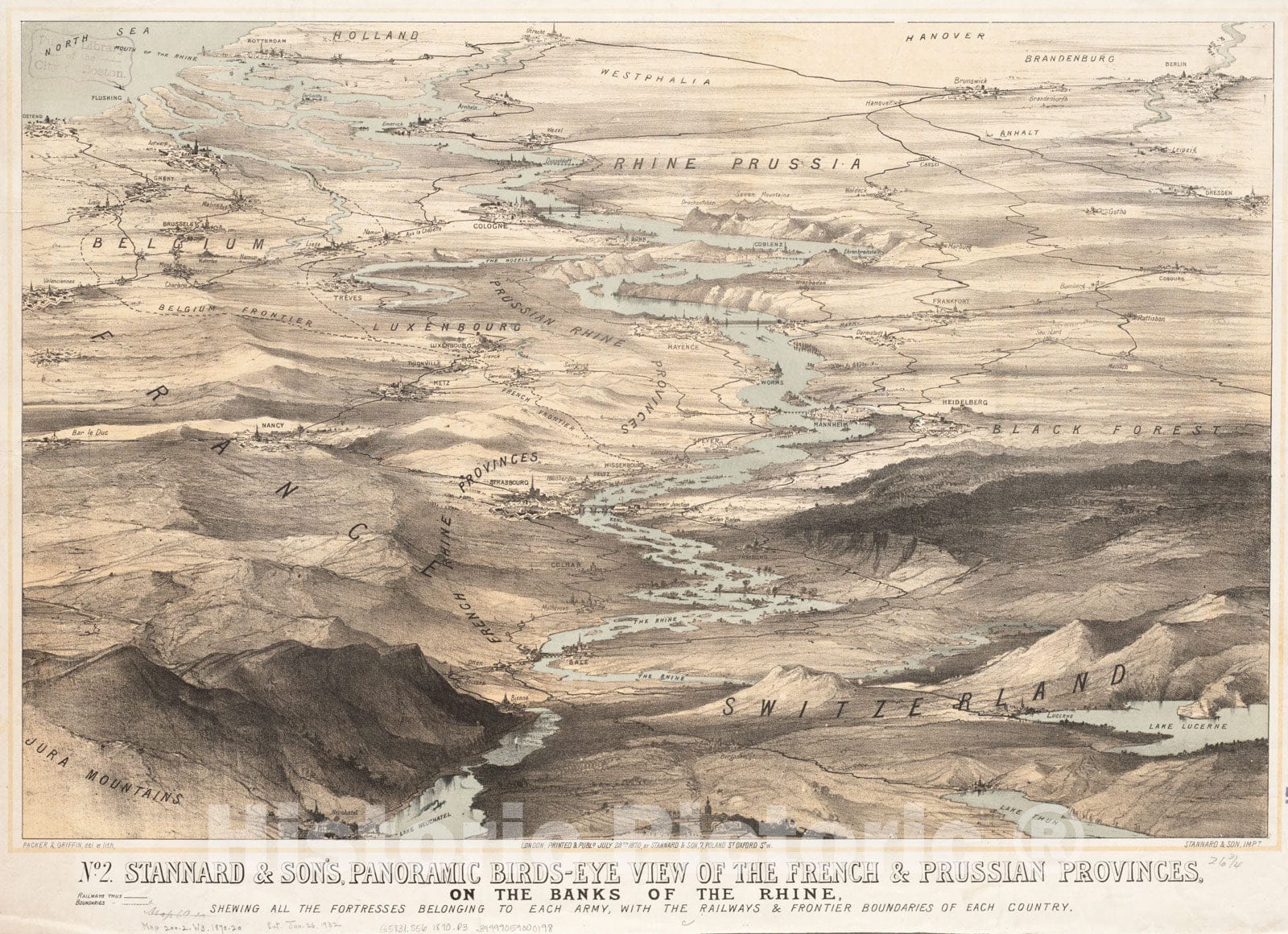 Historical Map, 1870 Stannard & Son's, Panoramic Birds-Eye View of The French & Prussian Provinces, on The Banks of The Rhineh, Vintage Wall Art