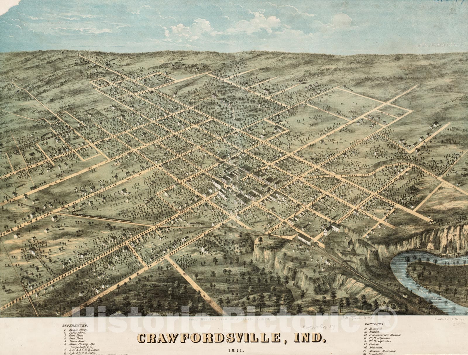 Historical Map, Crawfordsville, Ind : 1871, Vintage Wall Art
