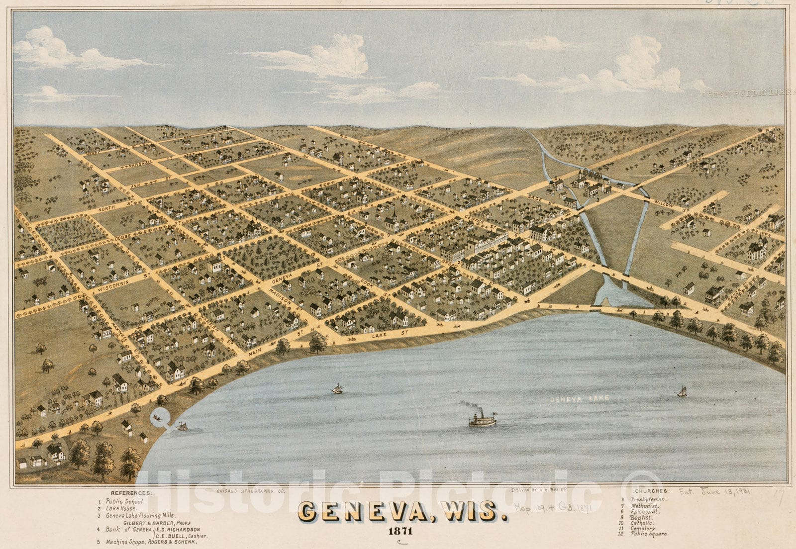 Historical Map, Geneva, WIS : 1871, Vintage Wall Art