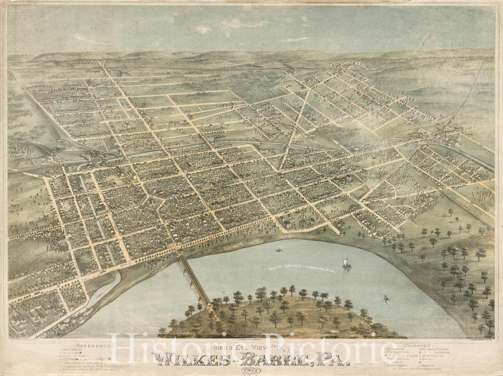 Historical Map, Bird's Eye View of Wilkes-Barre, Pa : 1872, Vintage Wall Art