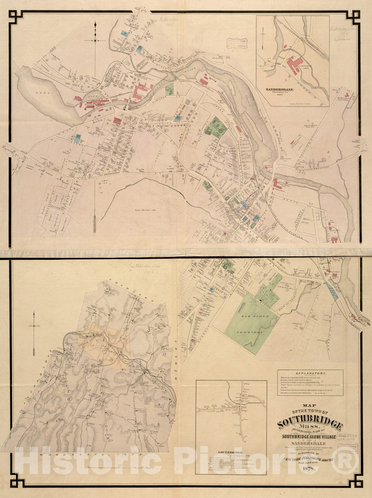 Historical Map, 1878 Map of The Town of Southbridge, Mass : Including Detail Plans of Southbridge, Globe Village and Sandersdale from Recent and Careful surveys, Vintage Wall Art