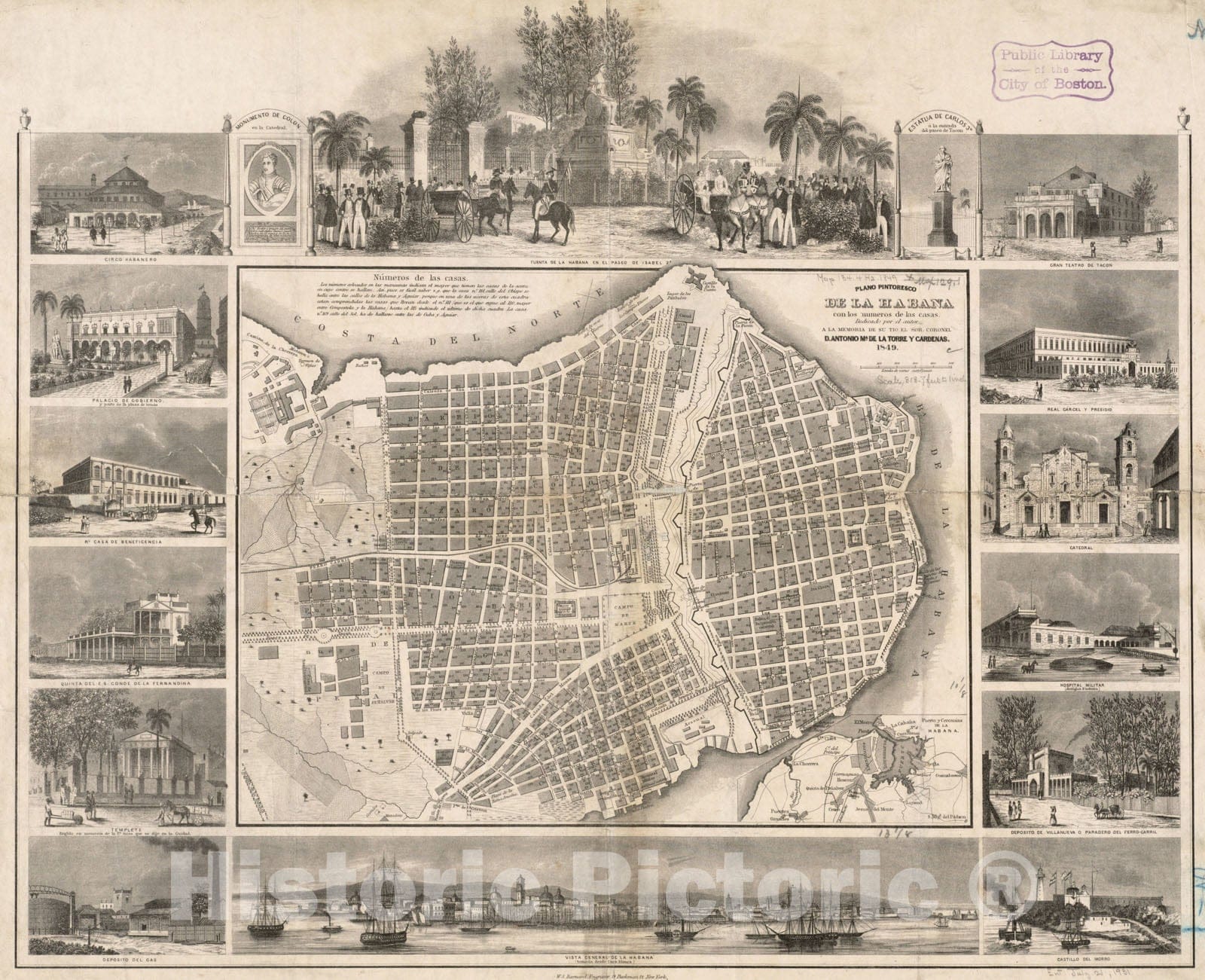 Historical Map, 1849 Plano pintoresco de la Habana : con Los numeros de las casas, Vintage Wall Art