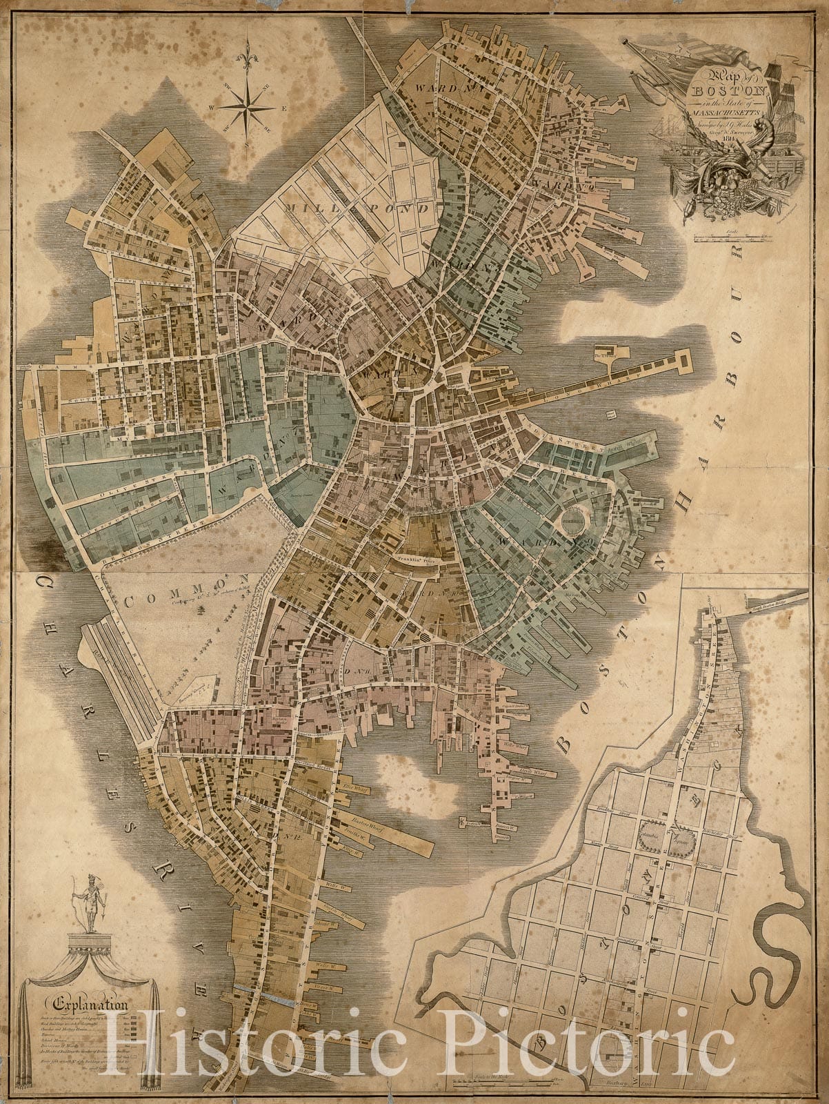 Historical Map, 1814 Map of Boston in The State of Massachusetts, Vintage Wall Art