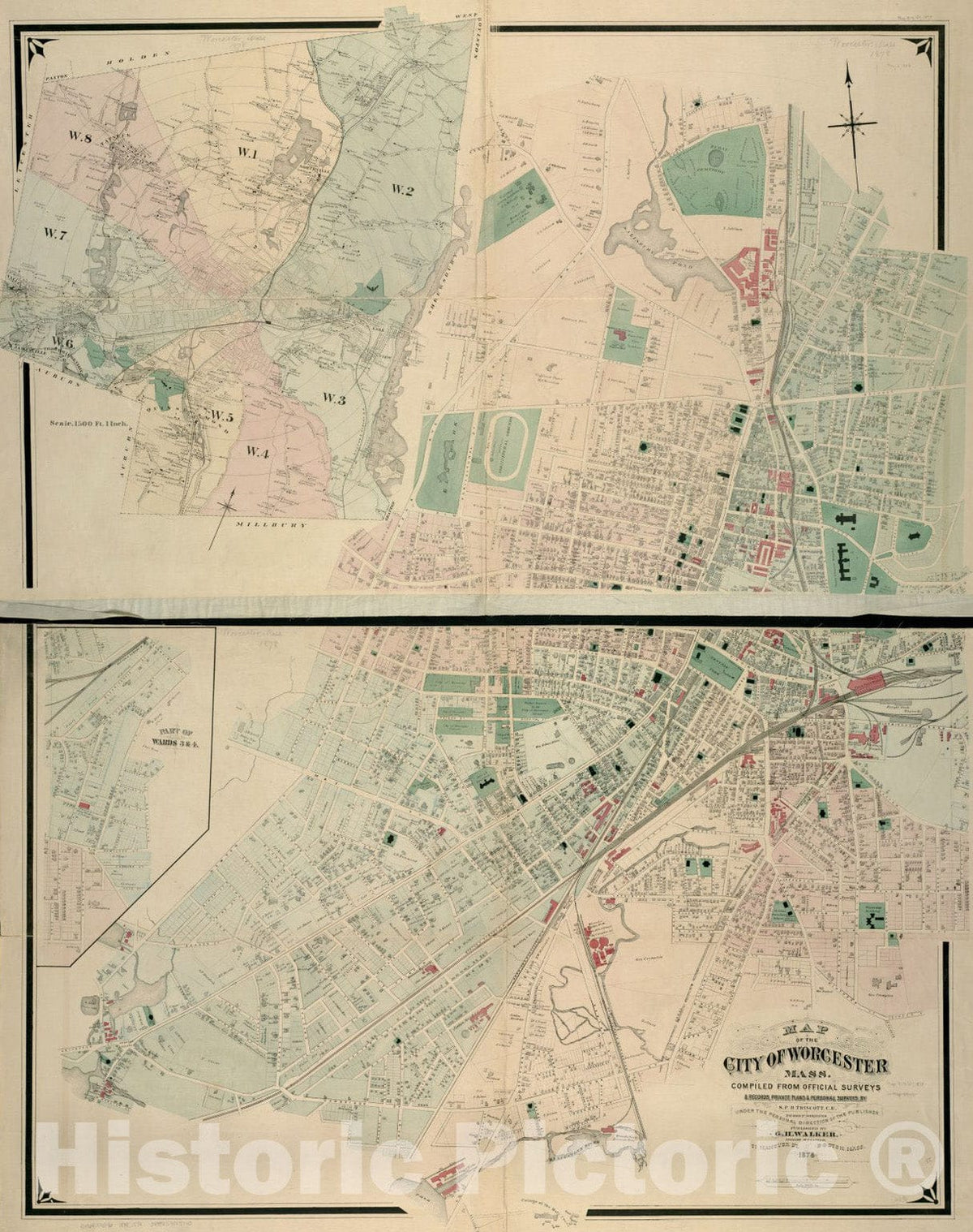 Historical Map, 1878 Map of the city of Worcester, Mass, Vintage Wall Art