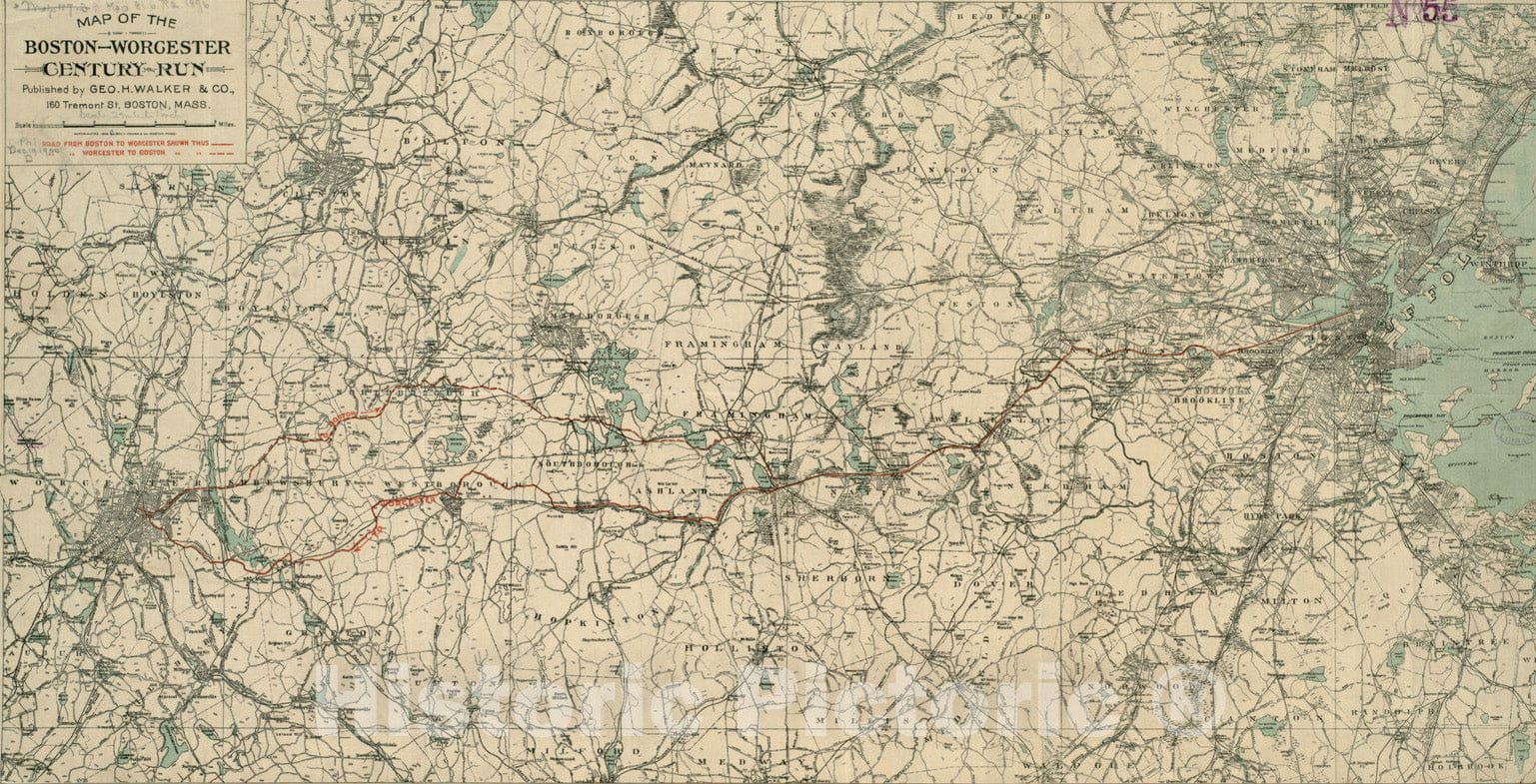Historical Map, ca. 1896 Map of The Boston-Worcester Century Run, Vintage Wall Art