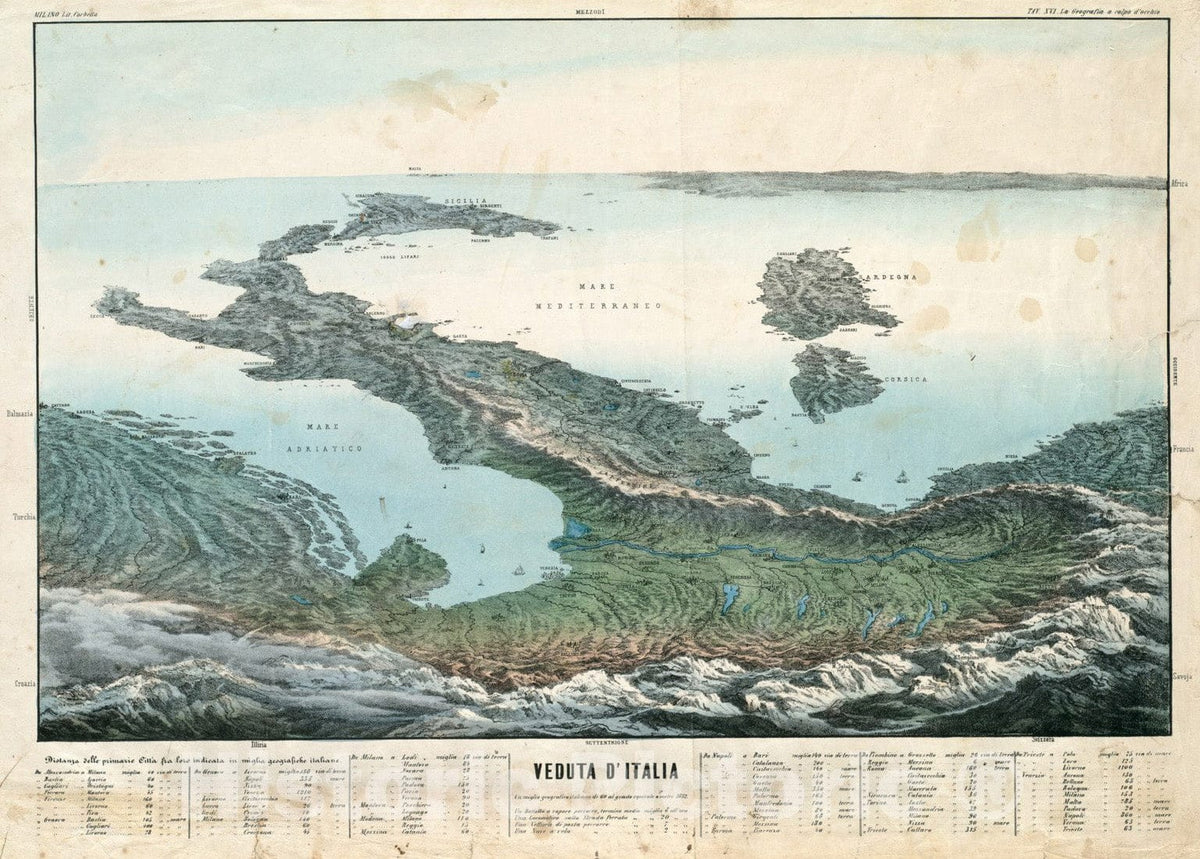 Historical Map, ca. 1853 Veduta d'Italia, Vintage Wall Art