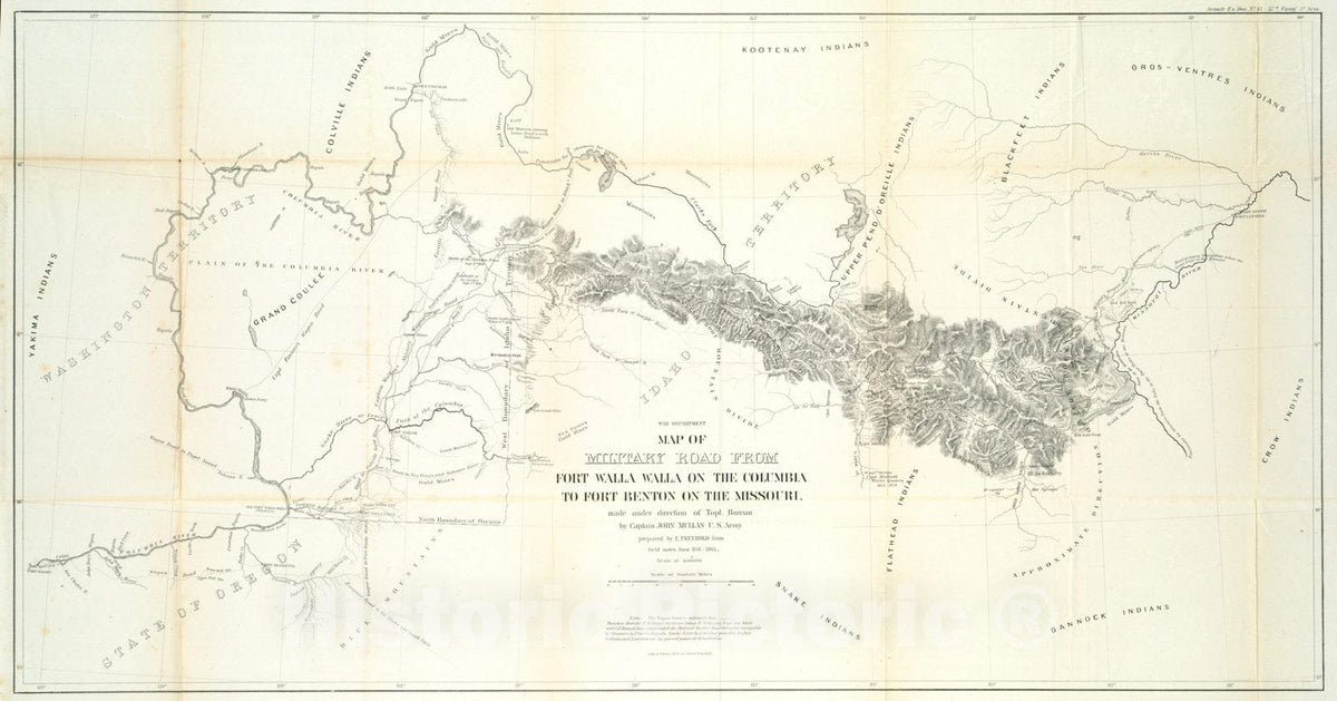 Historical Map, 1863 Map of Military Road from Fort Walla Walla on The Columbia to Fort Benton on The Missouri, Vintage Wall Art