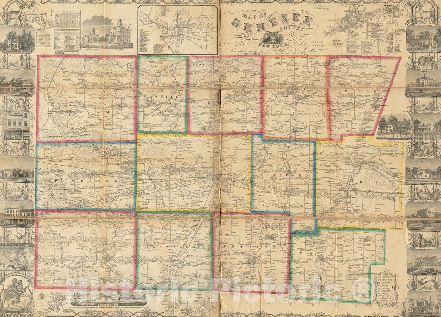 Historical Map, 1854 Map of Genesee County, New York, Vintage Wall Art
