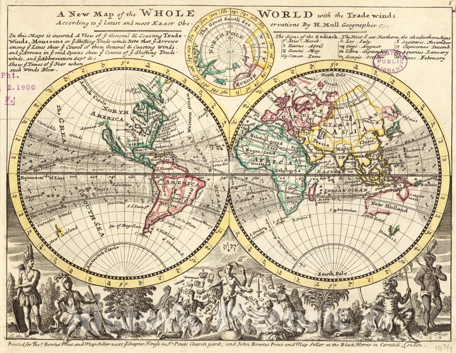 Historical Map, 1732 A New map of The Whole World with The Trade Winds According to ye Latest and Most Exact observations, Vintage Wall Art