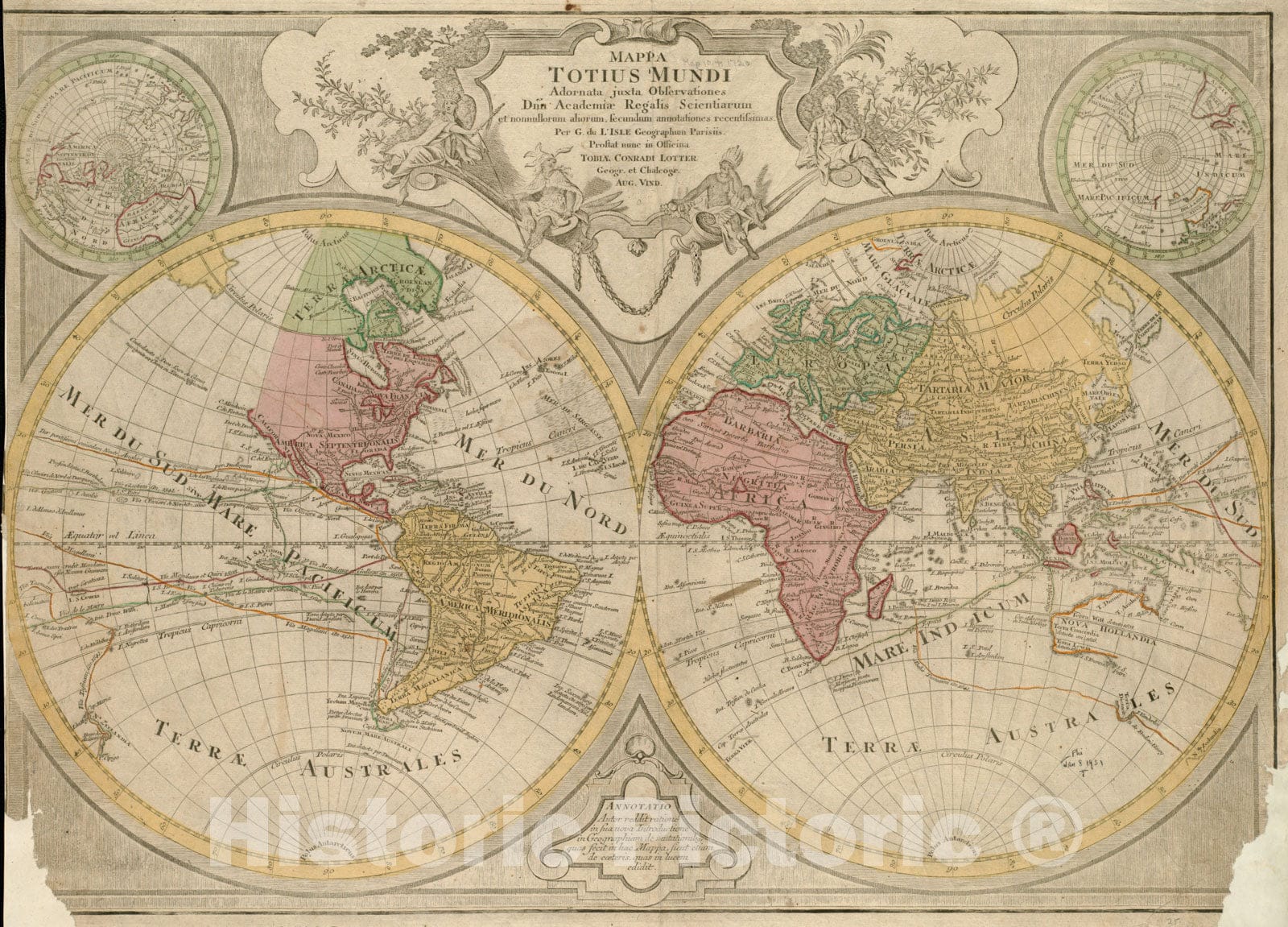 Historical Map, 1775 Mappa totius Mundi : adornata juxta observationes dnn. academiae regalis scientiarum et nonnullorum aliorum secundum annotationes recentissimas, Vintage Wall Art