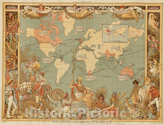 Historical Map, Imperial Federation, map of The World Showing The Extent of The British Empire in 1886, Vintage Wall Art