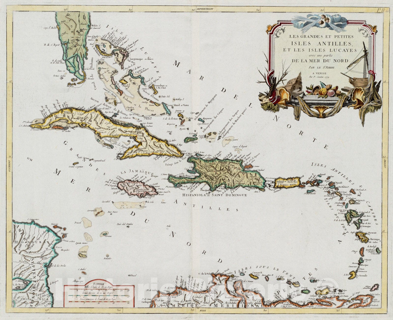 Historical Map, 1779 Les grandes et petites isles Antilles, et les isles Lucayes avec une partie de la mer du Nord, Vintage Wall Art