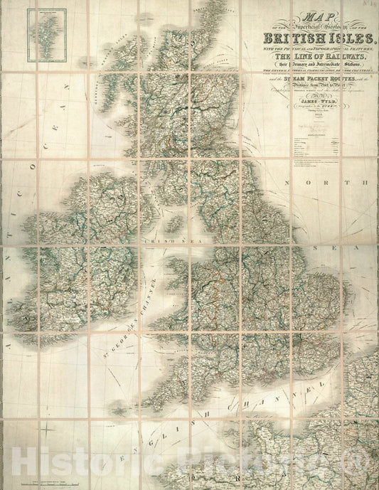 Historical Map, 1843 Map of The Superficial Geology of The British Isles with The Physical and Topographical Features, The line of Railways, Vintage Wall Art