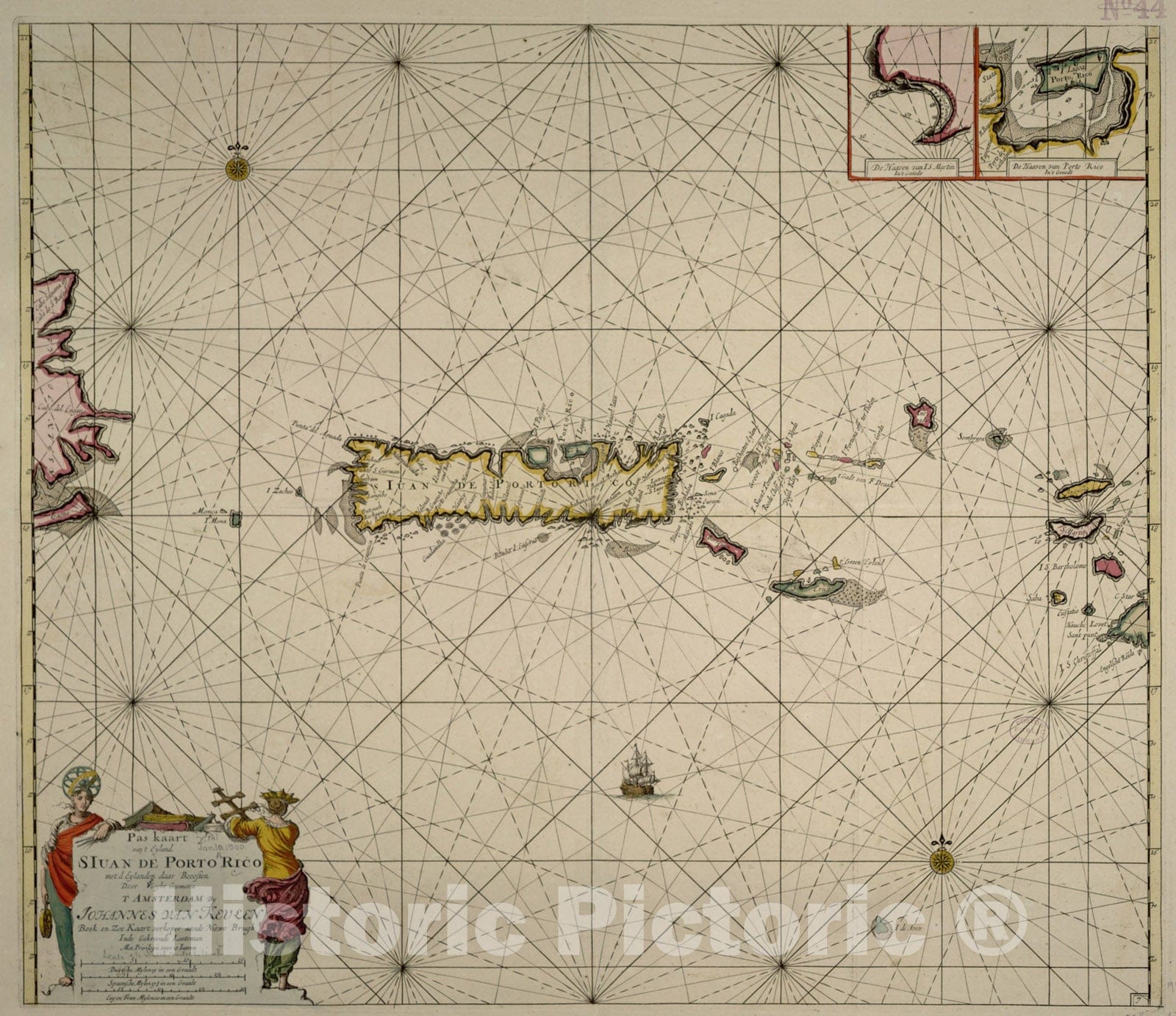 Historical Map, 1712 Pas kaart Van t eyland S. Iuan de Porto Rico, met d eylanden daar beoosten, Vintage Wall Art