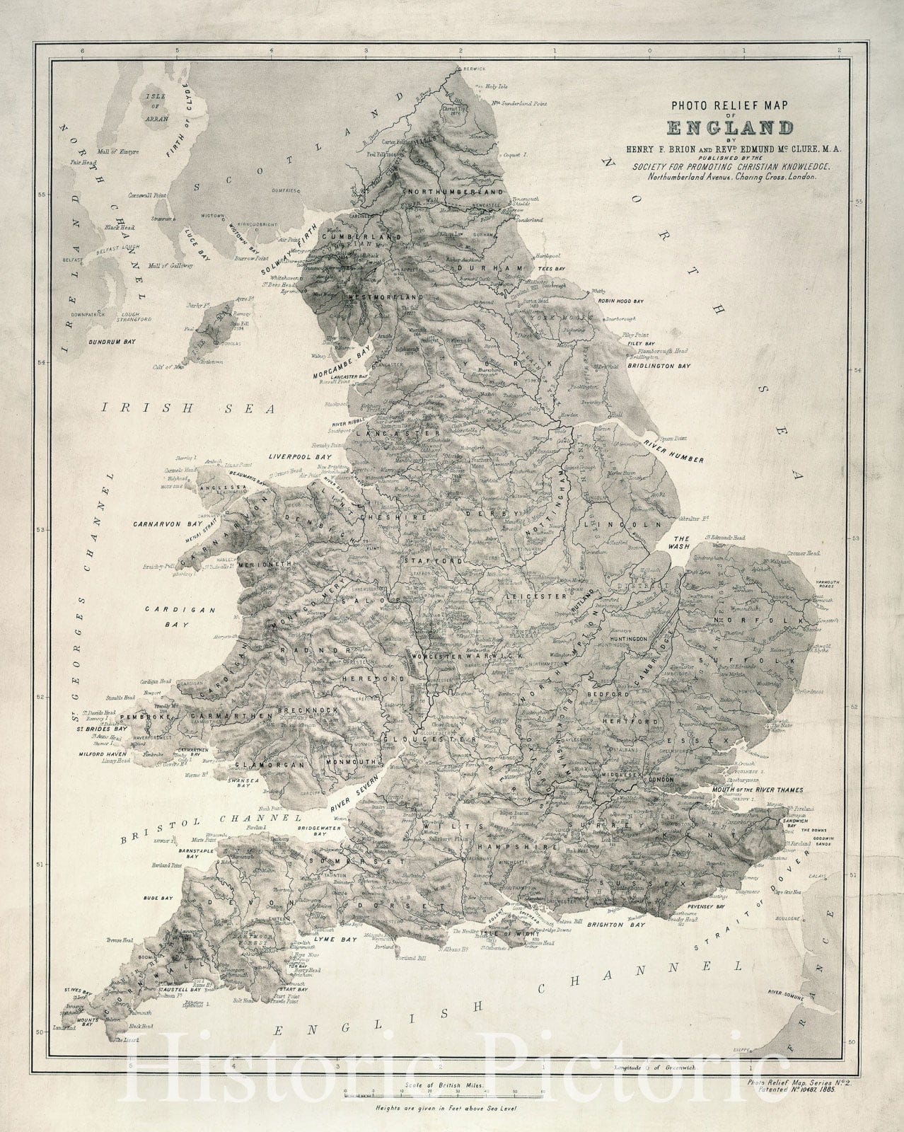 Historical Map, 1885 Photo relief map of England, Vintage Wall Art