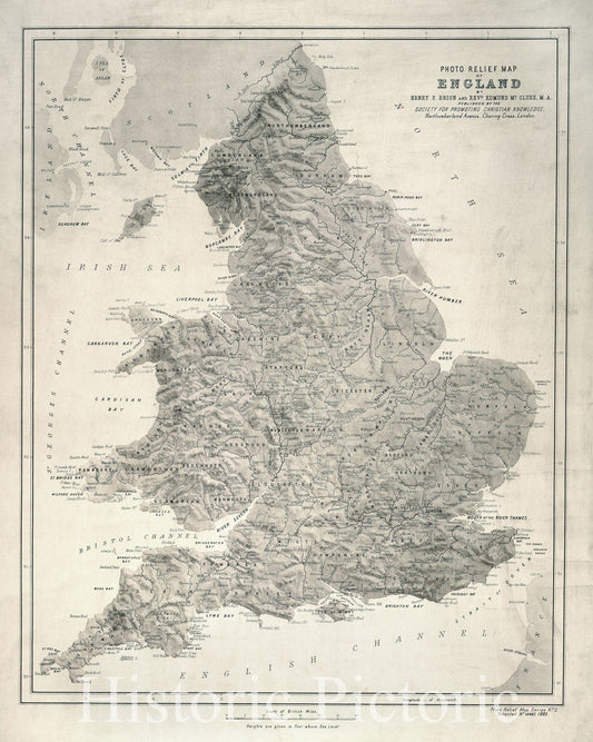 Historical Map, 1885 Photo relief map of England, Vintage Wall Art