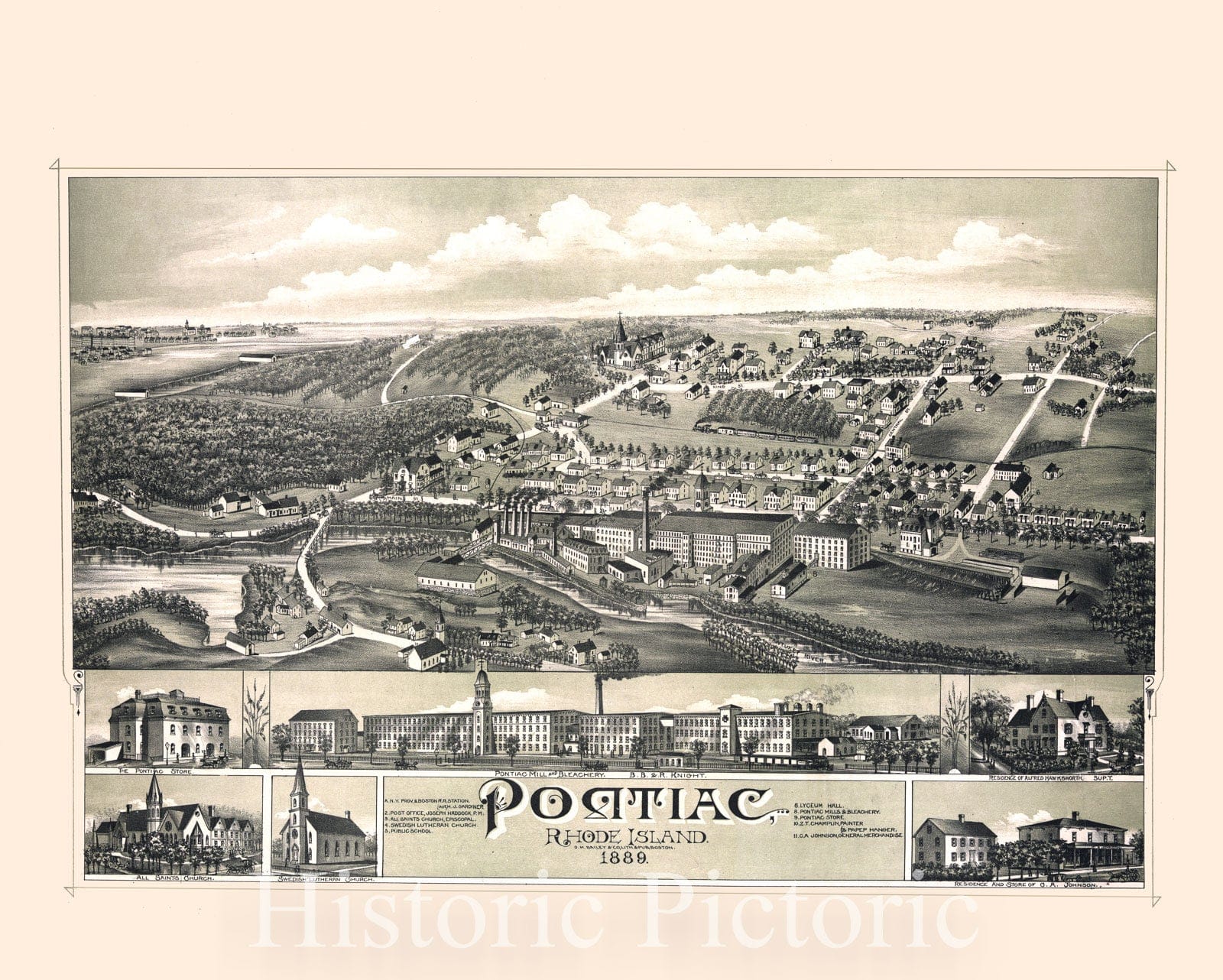 Historical Map, 1889 Pontiac, Rhode Island, Vintage Wall Art