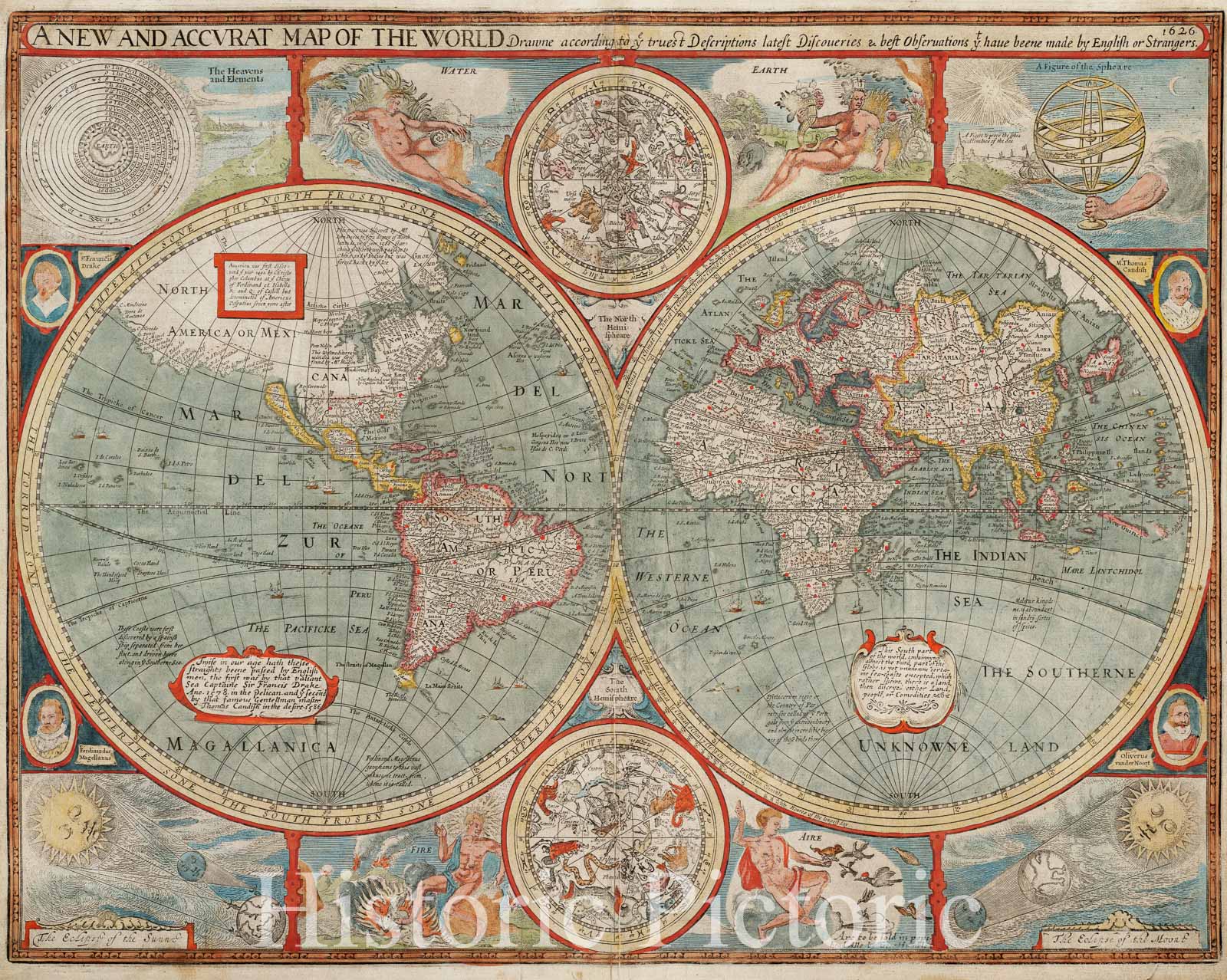 Historical Map, 1626 A new and accurat map of the world, Vintage Wall Art