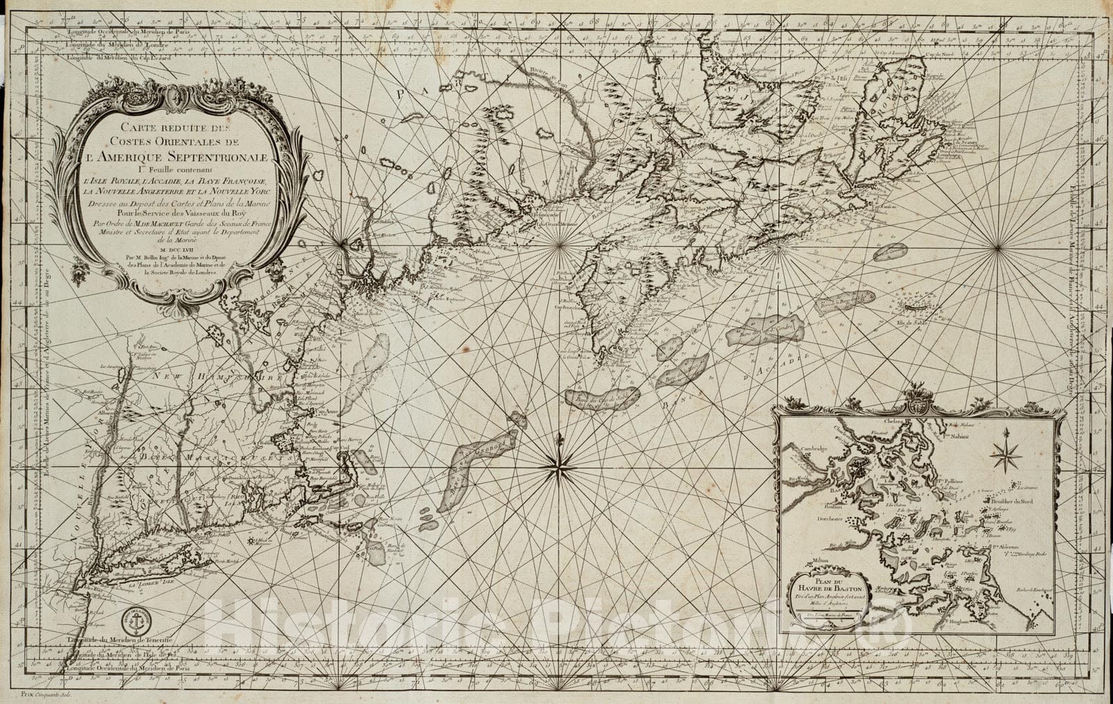 Historical Map, 1757 Carte reduite des costes orientales de l'Amerique septentrionale : 1re. feuille contenant L'Isle Royale, L'Accadie, La Baye Francoise, Vintage Wall Art