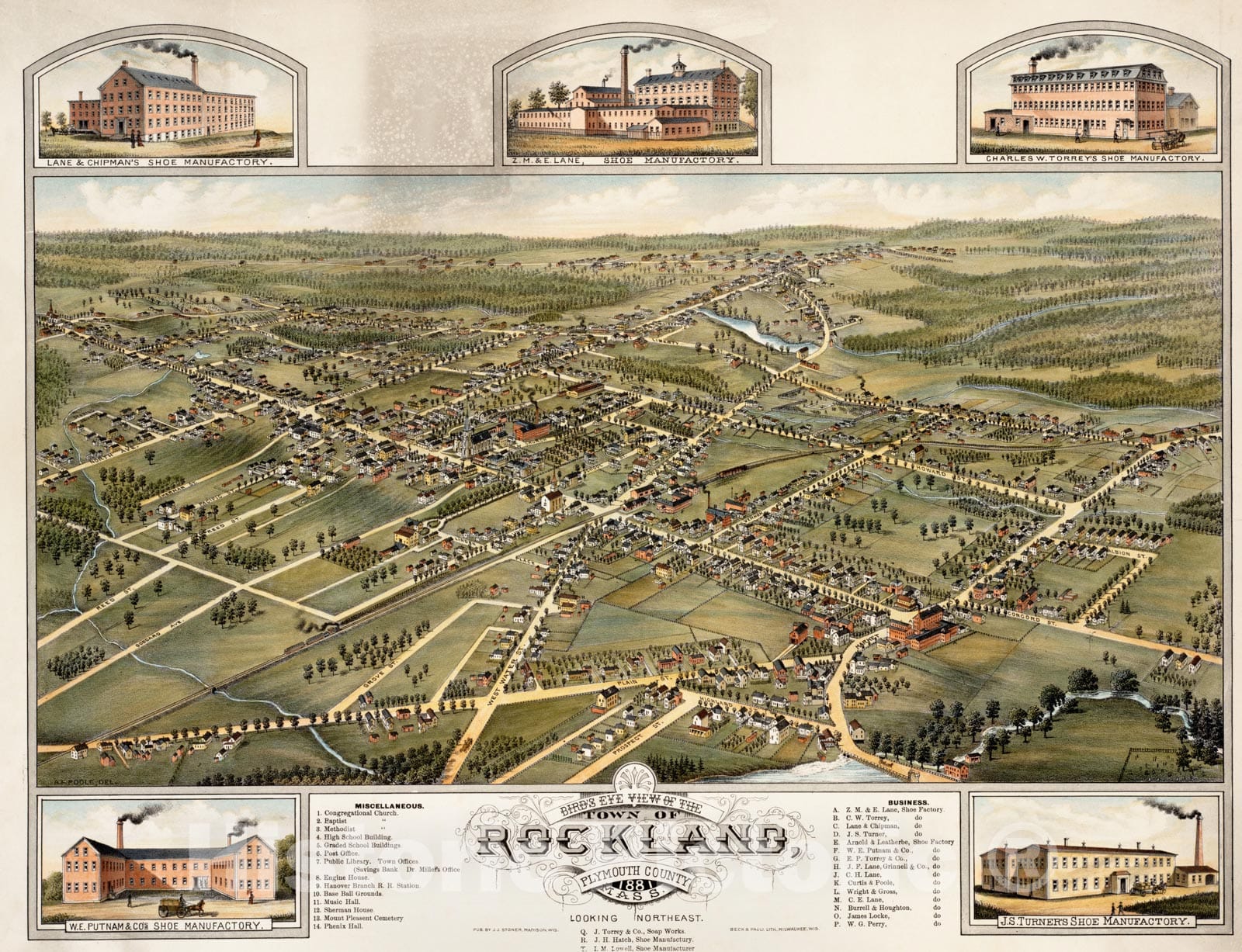 Historical Map, 1881 Birds Eye View of The Town of Rockland, Plymouth County, Mass : Looking Northeast, Vintage Wall Art