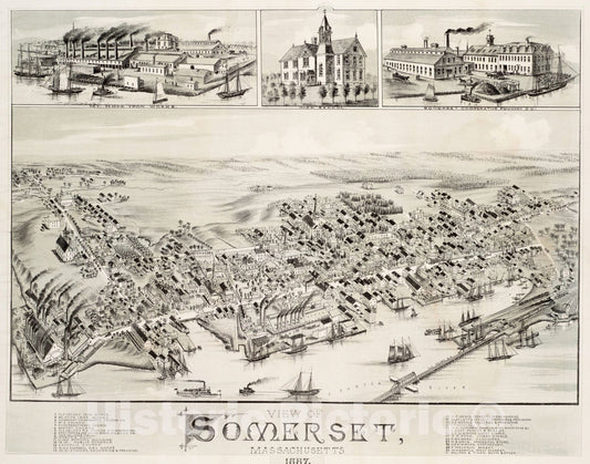 Historical Map, 1887 View of Somerset, Massachusetts, Vintage Wall Art