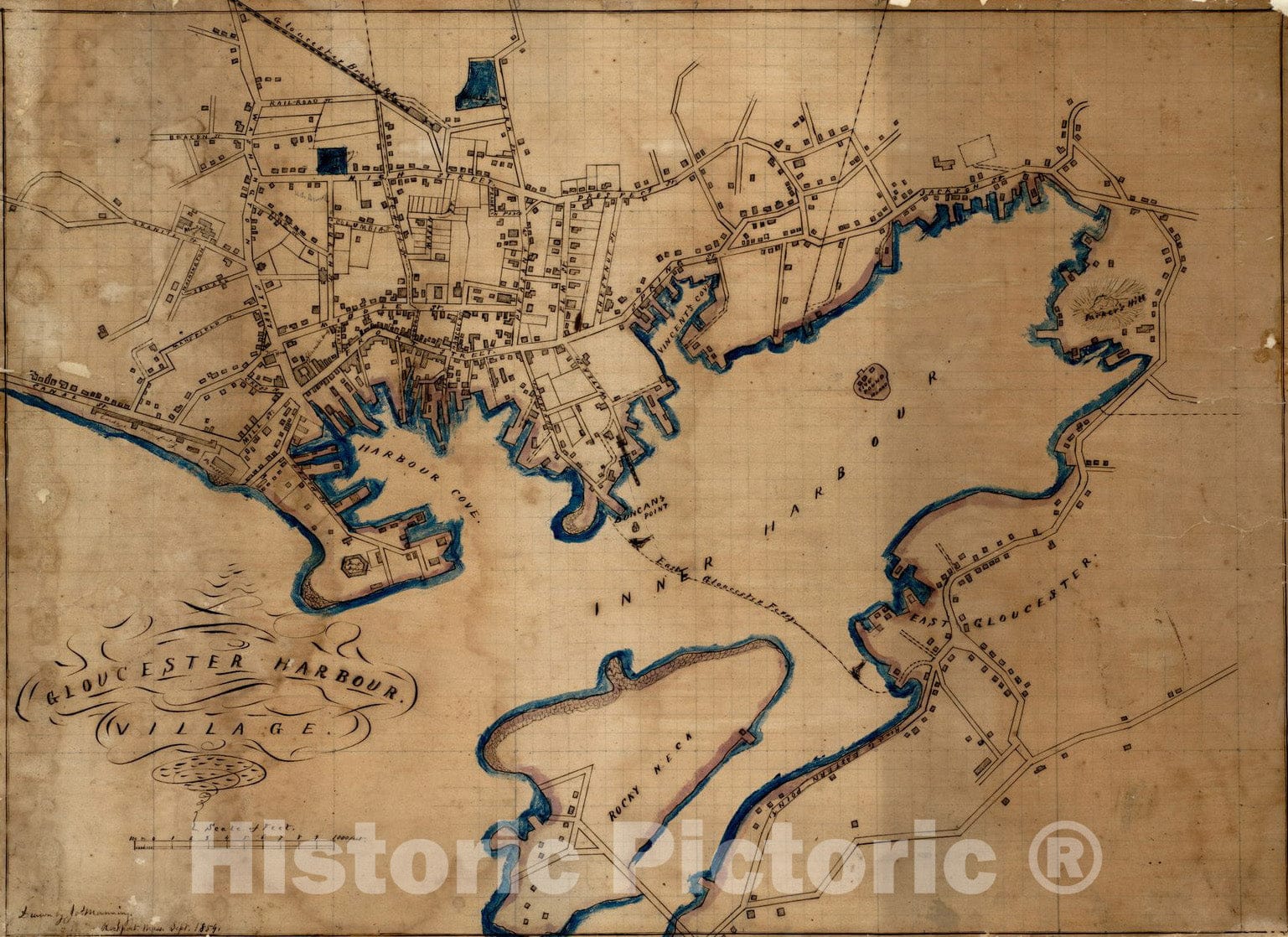 Historical Map, 1859 Gloucester Harbour, Village, Vintage Wall Art