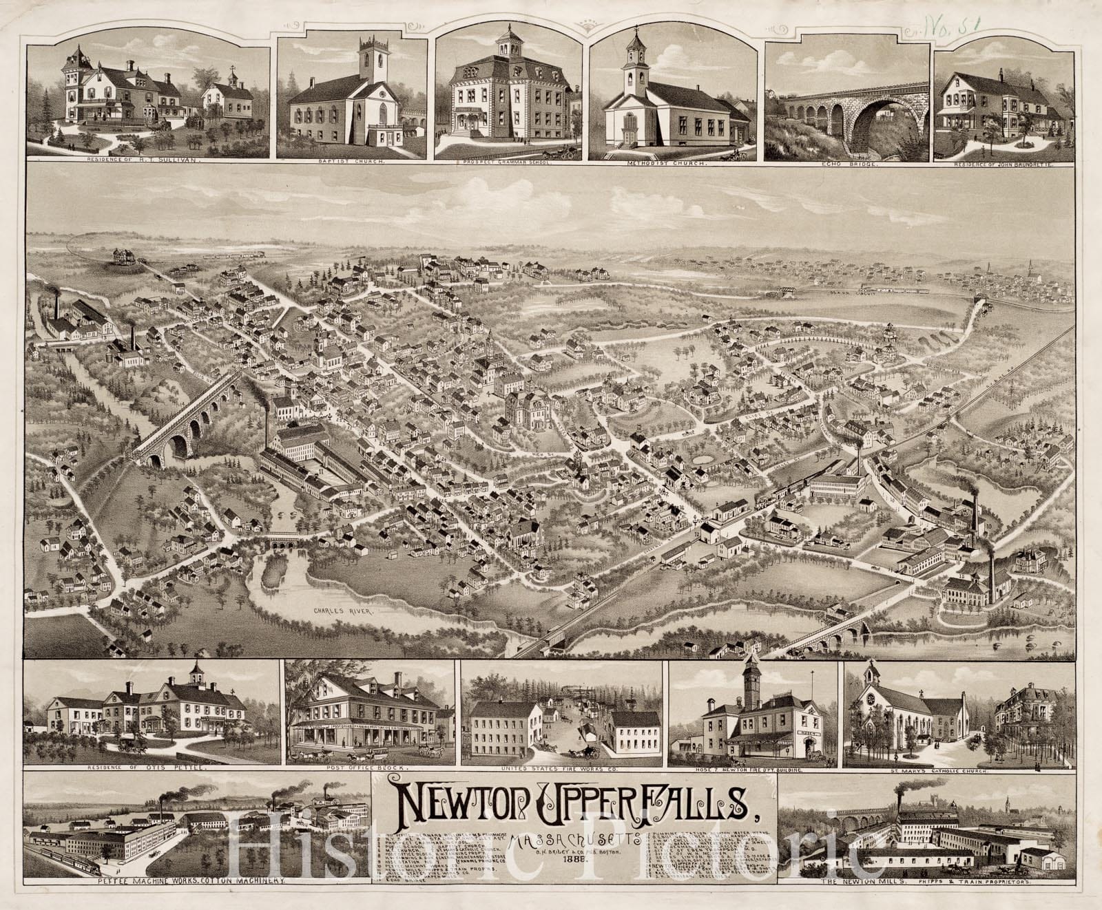 Historical Map, Newton Upper Falls, Massachusetts, 1888, Vintage Wall Art