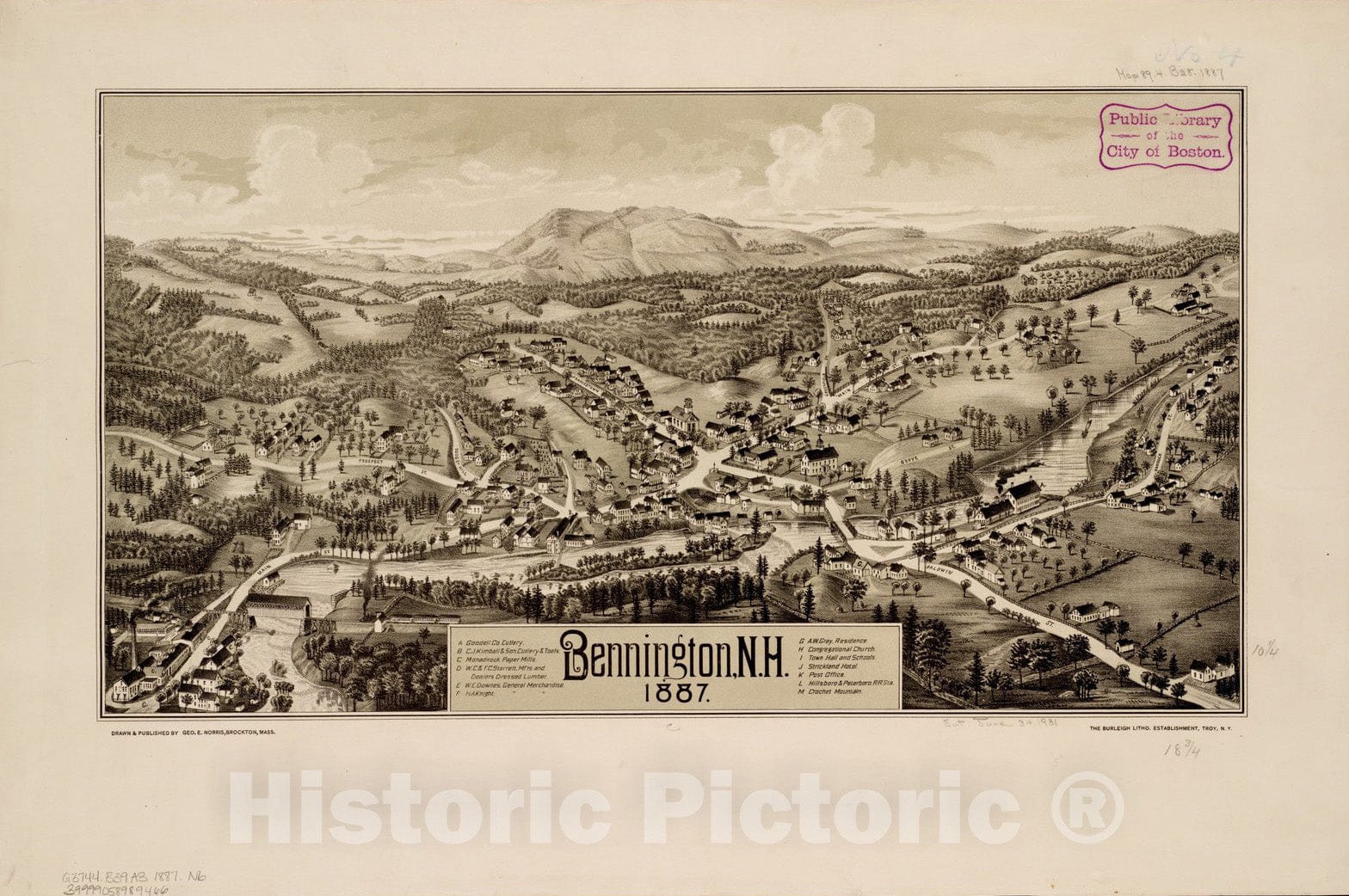 Historical Map, Bennington, N.H : 1887, Vintage Wall Art