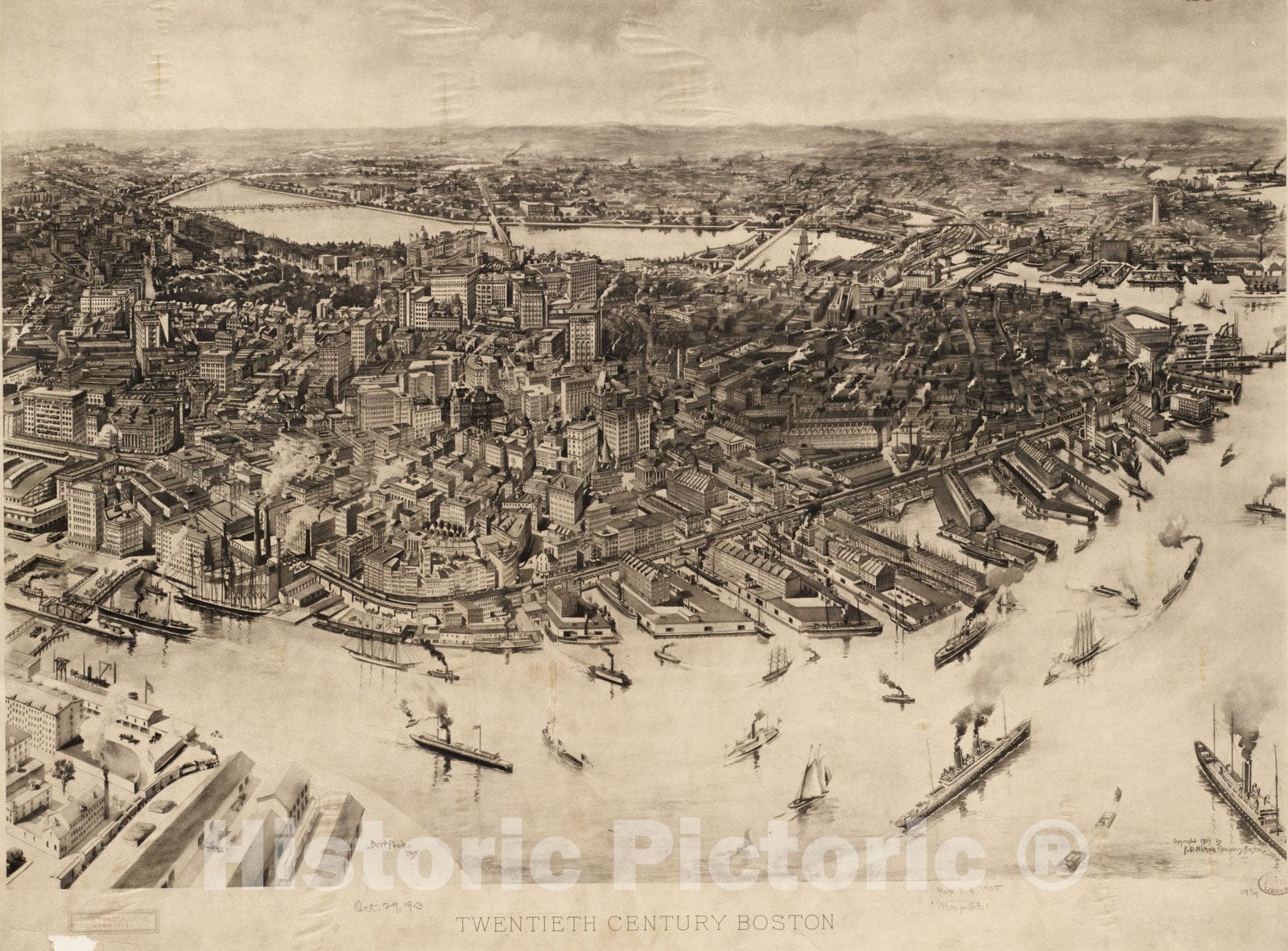 Historical Map, ca. 1905 Twentieth Century Boston, Vintage Wall Art