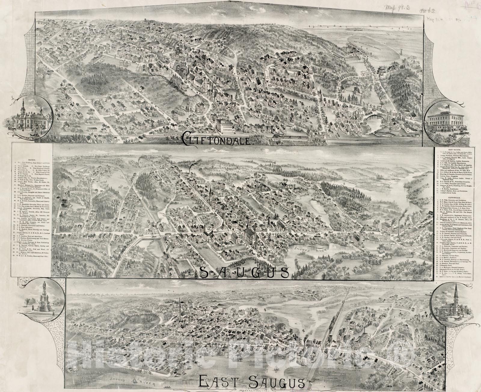 Historical Map, [Cliftondale, Saugus and East Saugus, Massachusetts] : 1896, Vintage Wall Art