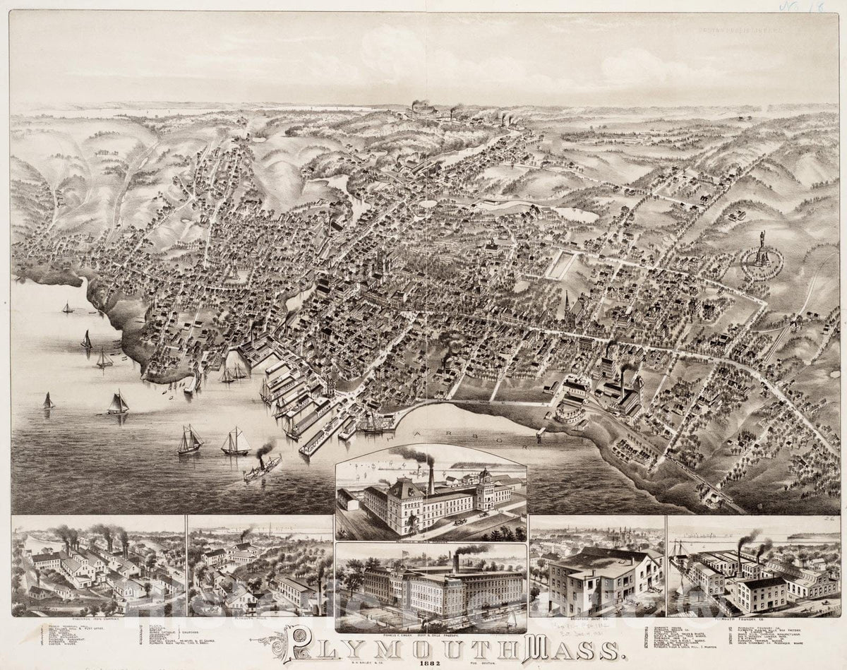 Historical Map, Plymouth, Mass : 1882, Vintage Wall Art