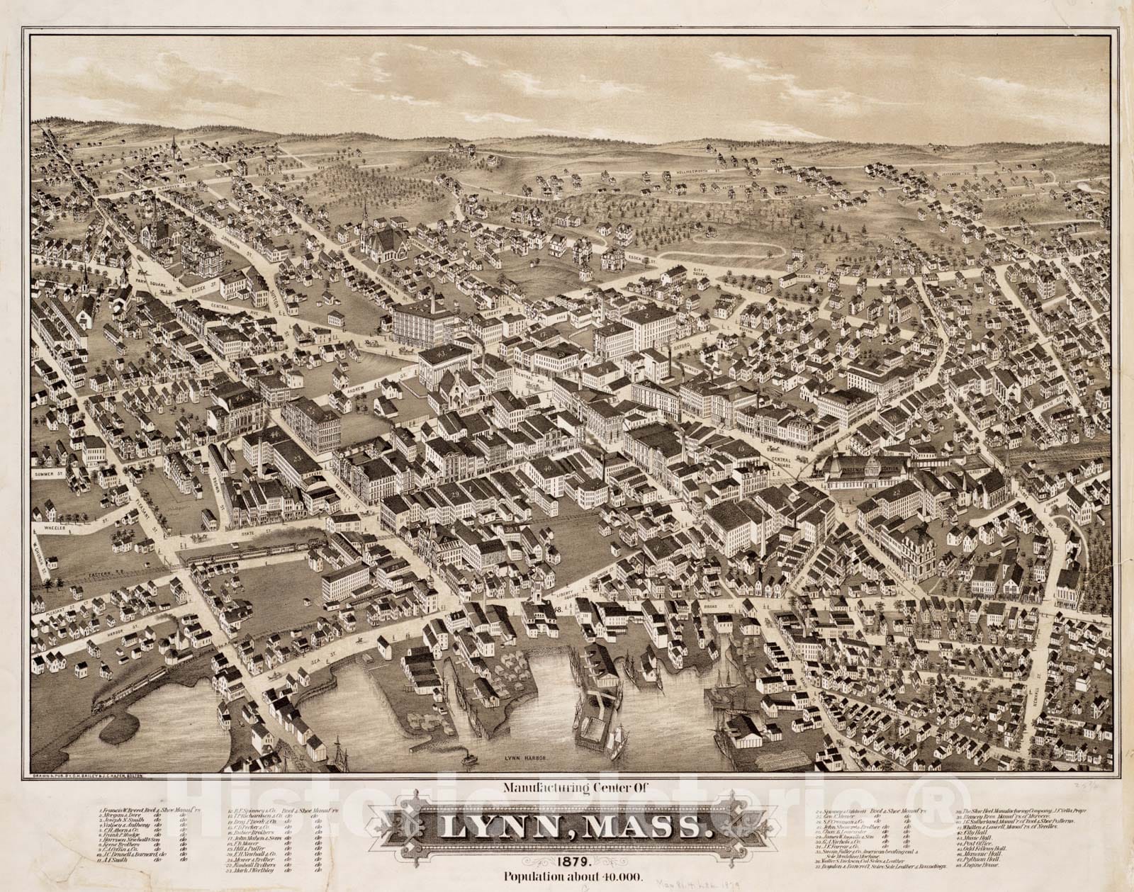 Historical Map, Manufacturing Center of Lynn, Mass : 1879, Vintage Wall Art
