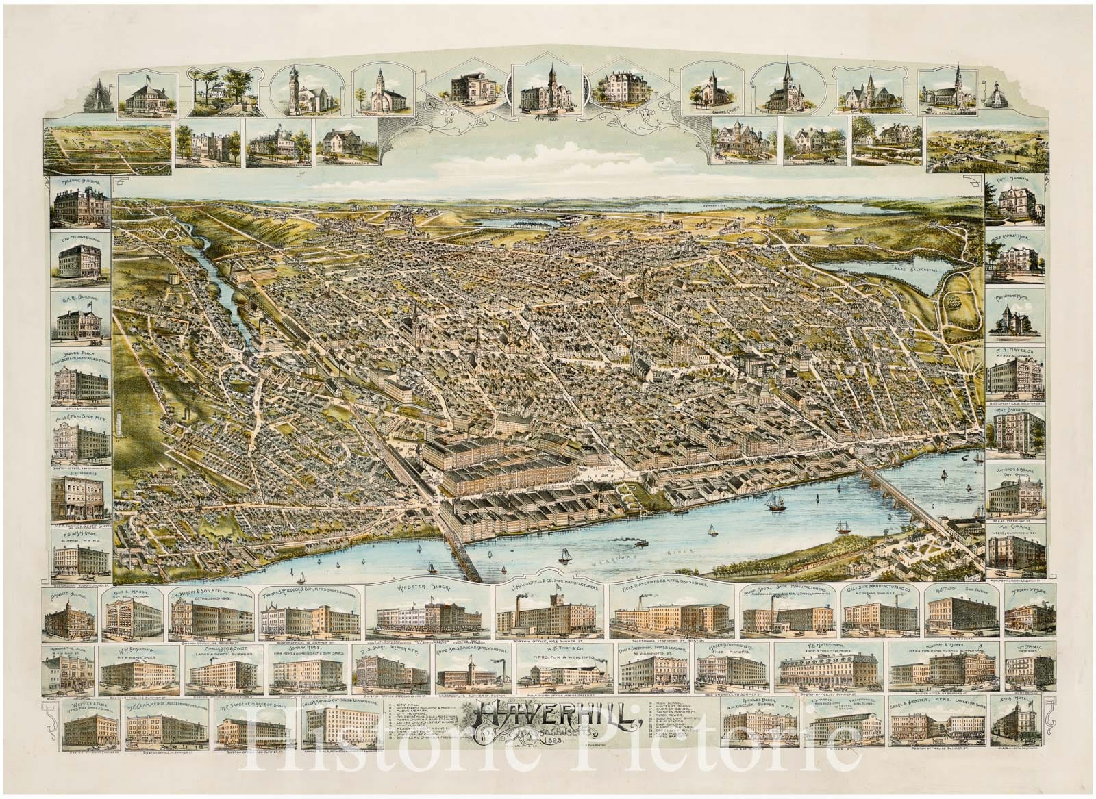 Historical Map, Haverhill, Massachusetts : 1893, Vintage Wall Art