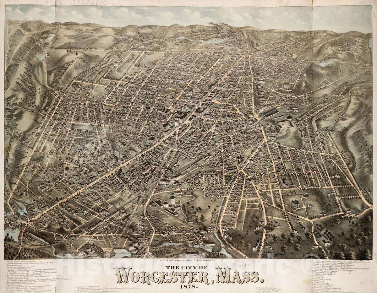 Historical Map, The City of Worcester, Mass : 1878, Vintage Wall Art