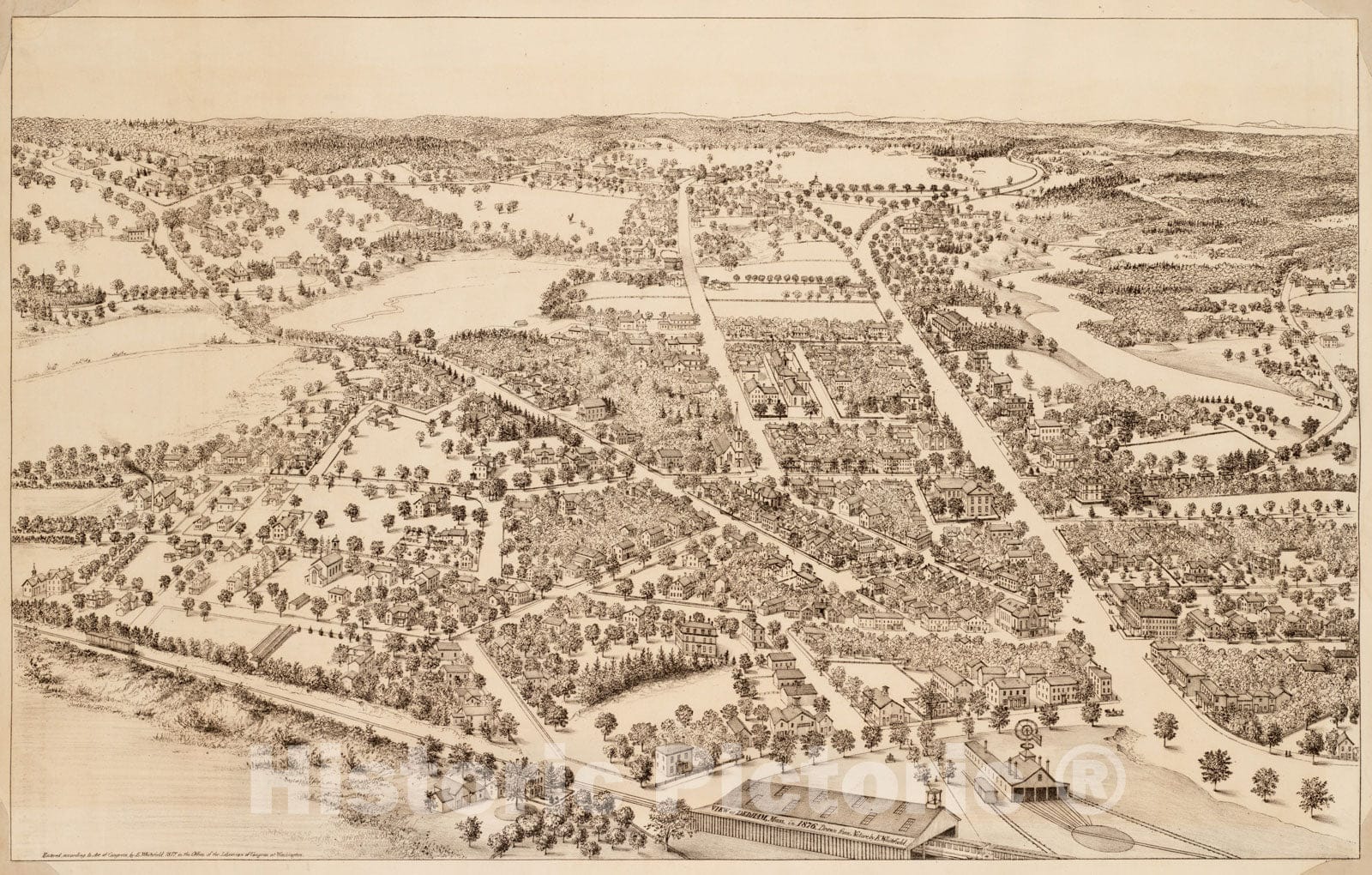 Historical Map, View of Dedham, Mass. in 1876, Vintage Wall Art