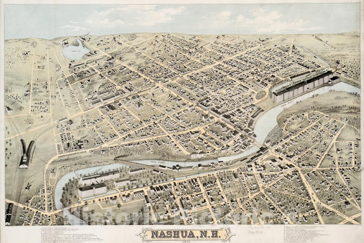 Historical Map, Nashua, N.H : 1875, Vintage Wall Art
