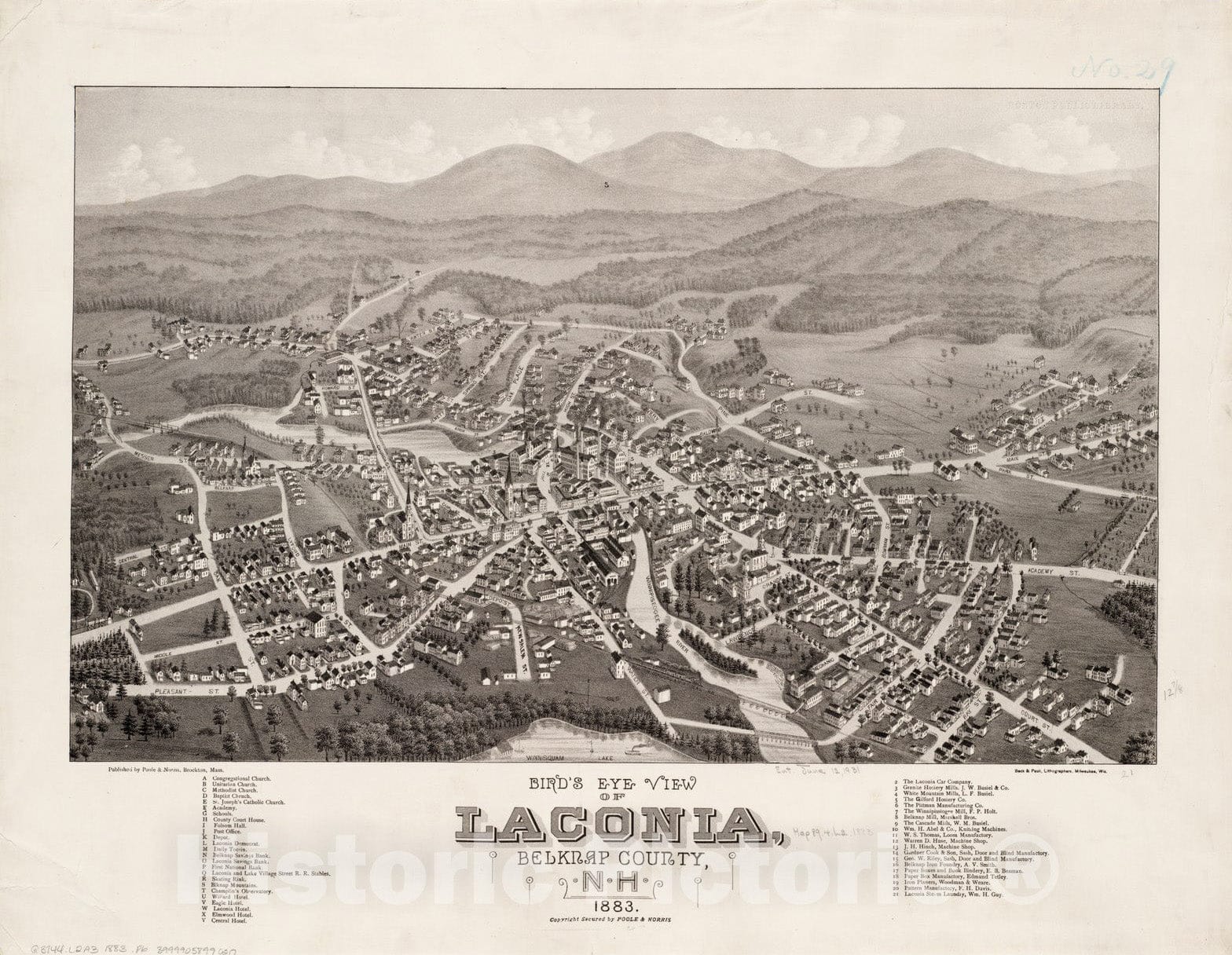 Historical Map, Bird's Eye View of Laconia, Belknap County, N.H : 1883, Vintage Wall Art