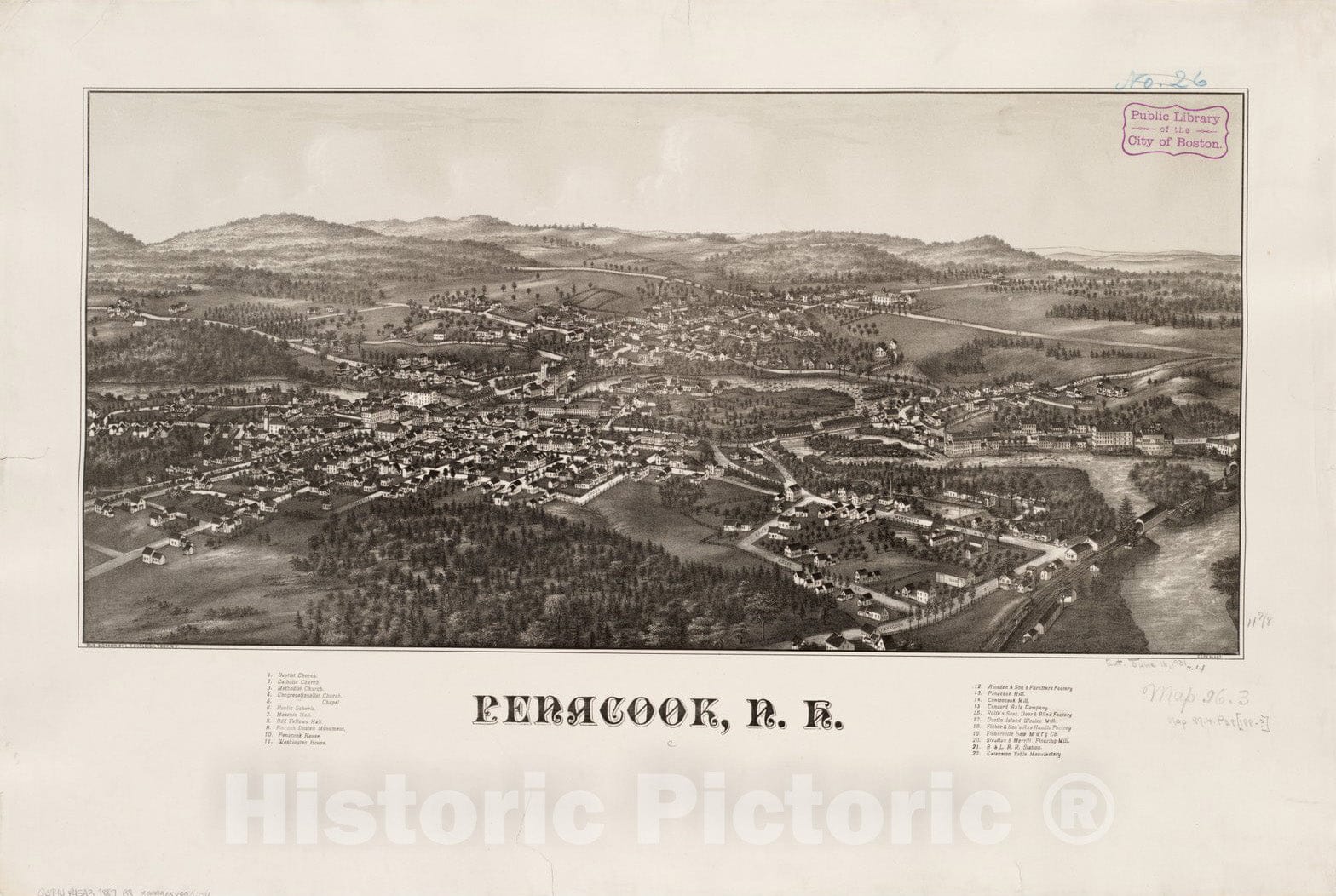 Historical Map, 1887 Penacook, N.H, Vintage Wall Art