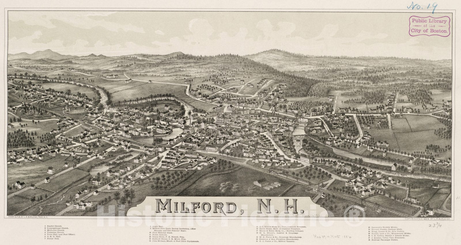 Historical Map, ca. 1886 Milford, N.H, Vintage Wall Art