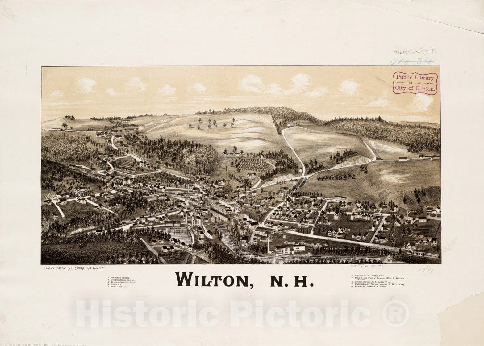 Historical Map, 1880 Wilton, N.H, Vintage Wall Art