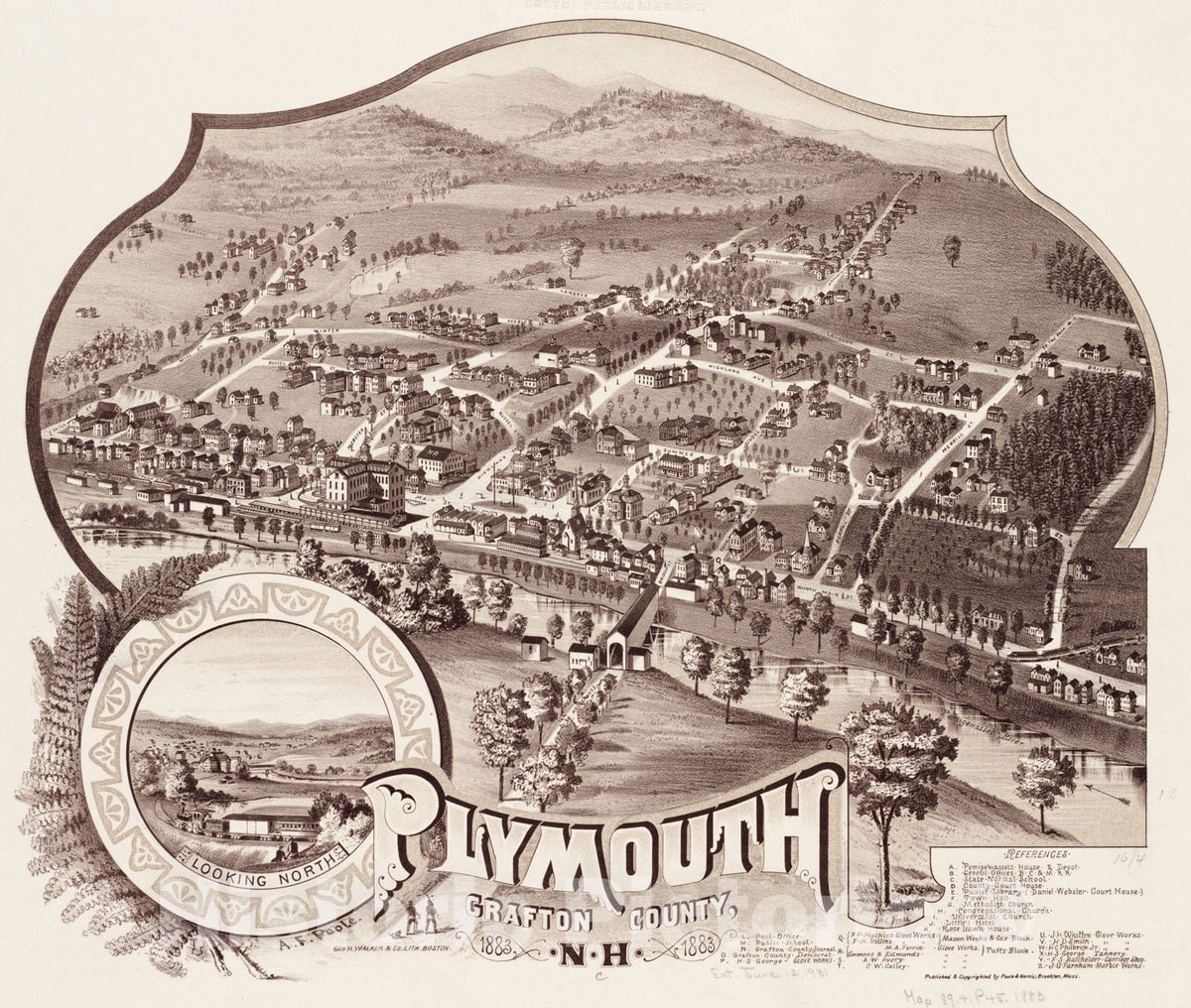 Historical Map, Plymouth, Grafton County, N.H : 1883, Vintage Wall Art