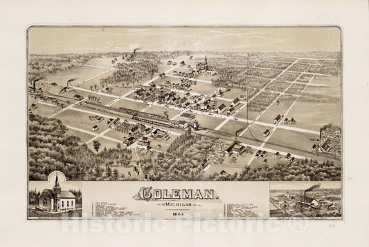 Historical Map, Coleman, Michigan : 1884, Vintage Wall Art