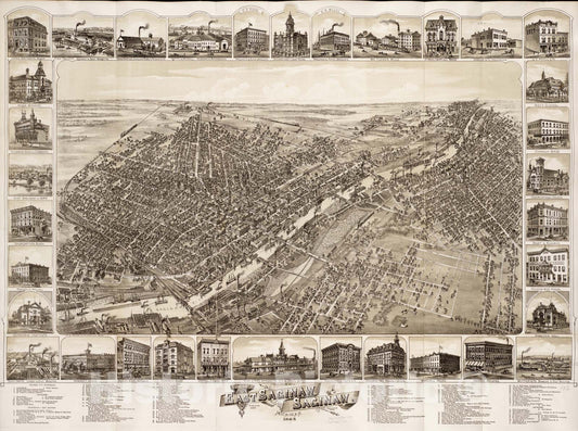 Historical Map, Cities of East Saginaw and Saginaw, Michigan, 1885, Vintage Wall Art