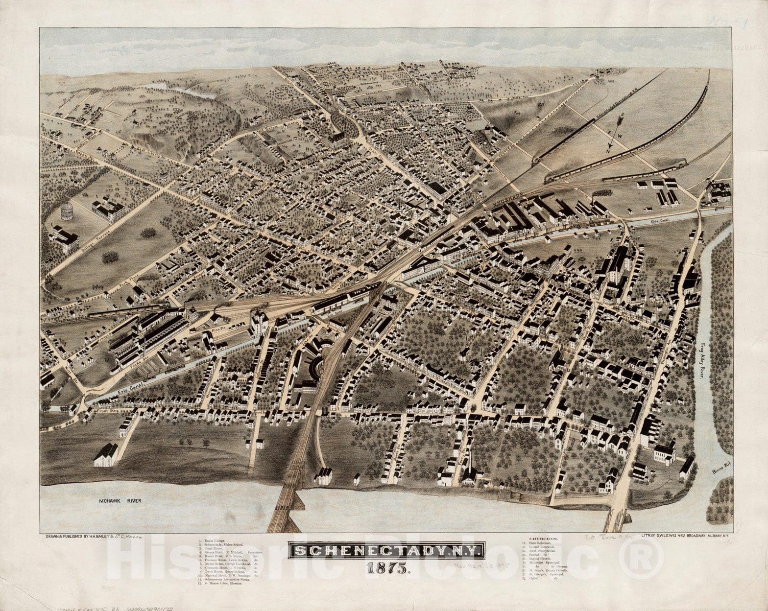 Historical Map, 1875 Schenectady, N.Y, Vintage Wall Art