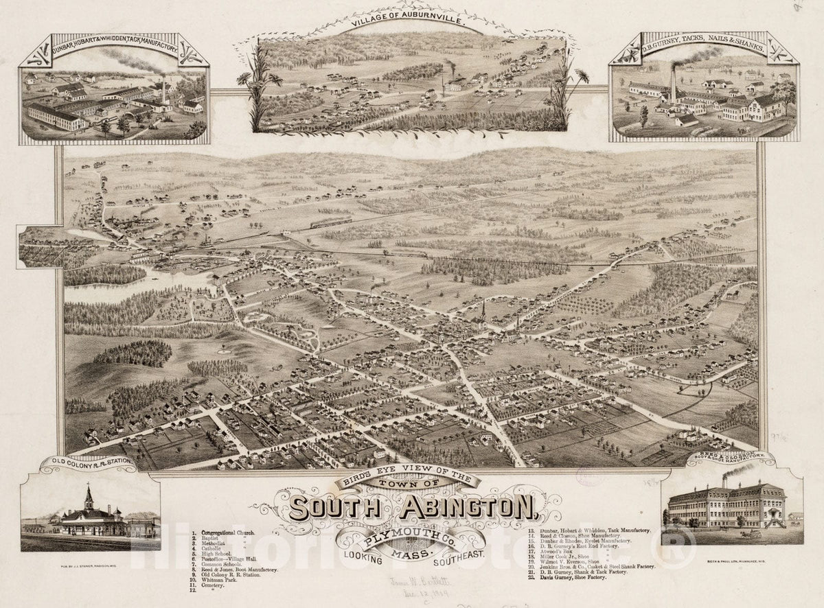 Historical Map, Bird's Eye View of The Town of South Abington, Plymouth Co, Mass : Looking Southeast, 1882, Vintage Wall Art