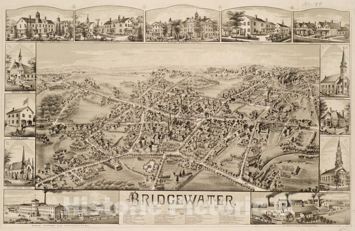 Historical Map, Bridgewater, Massachusetts : 1887, Vintage Wall Art