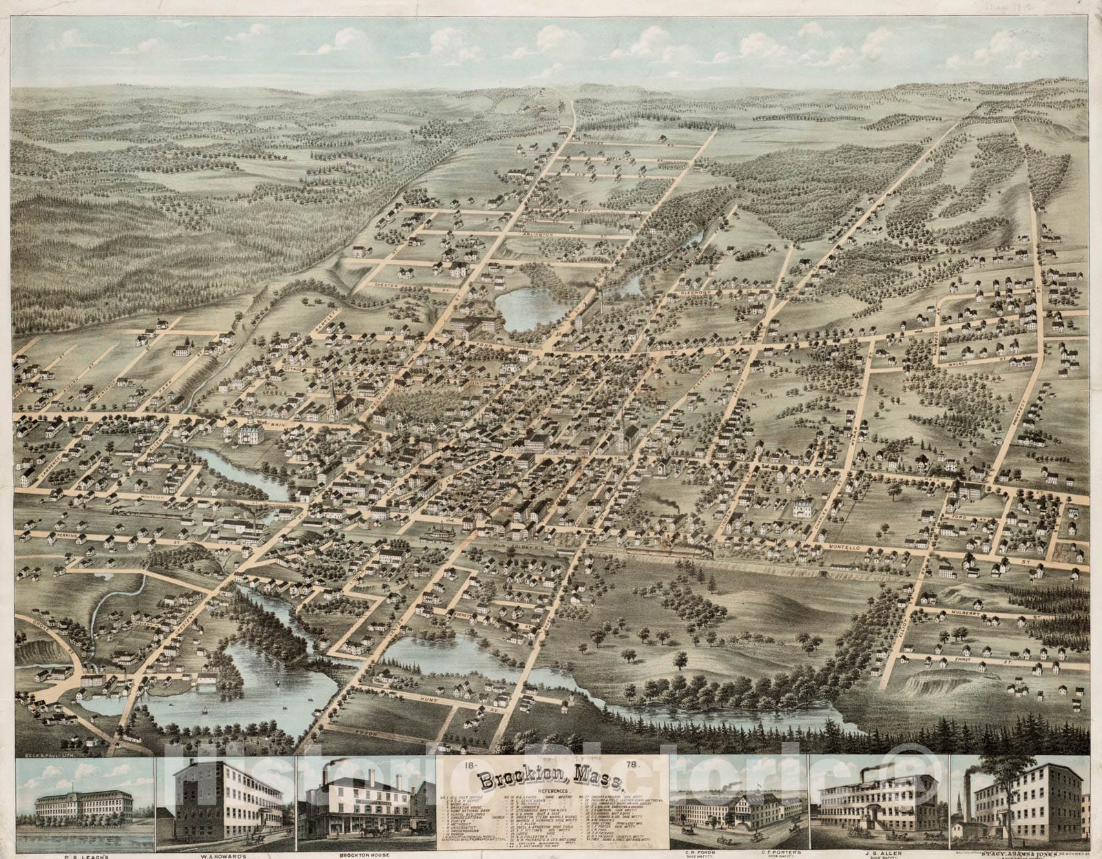 Historical Map, Brockton, Mass : 1878, Vintage Wall Art