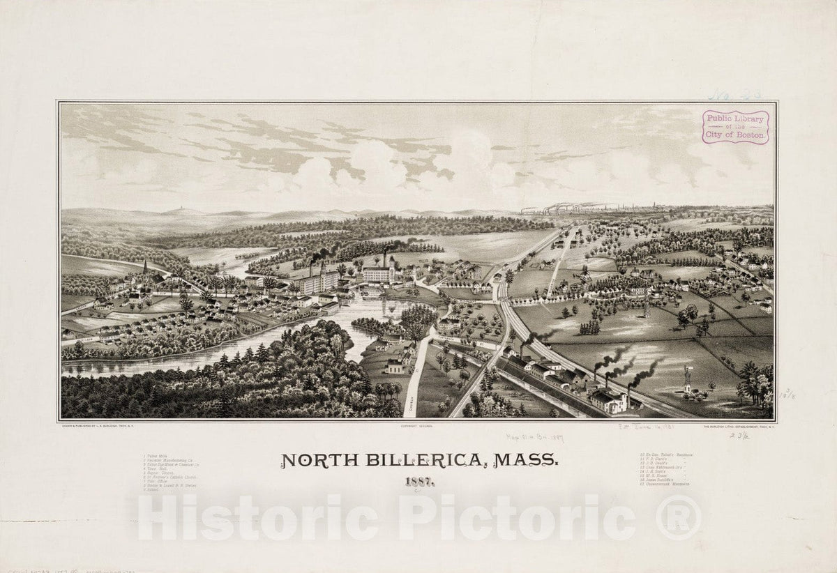 Historical Map, North Billerica, Mass : 1887, Vintage Wall Art