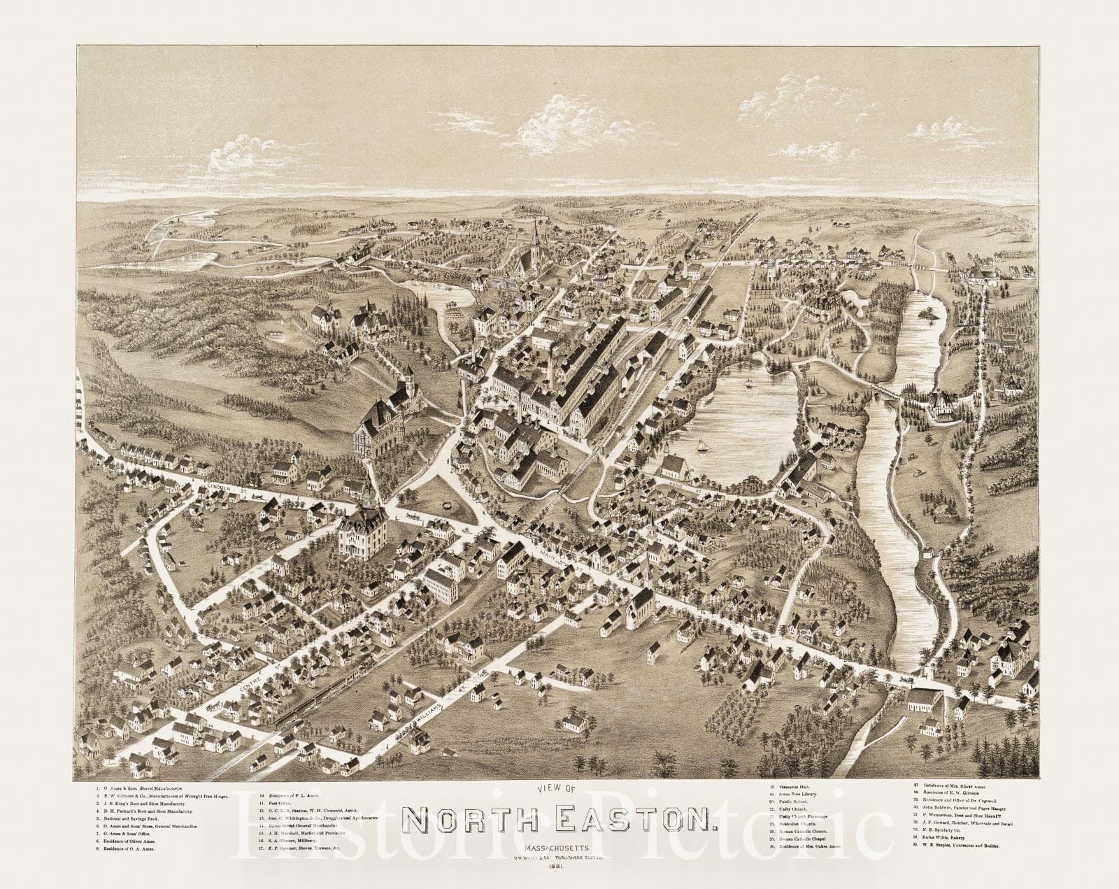 Historical Map, View of North Easton, Massachusetts, 1881, Vintage Wall Art