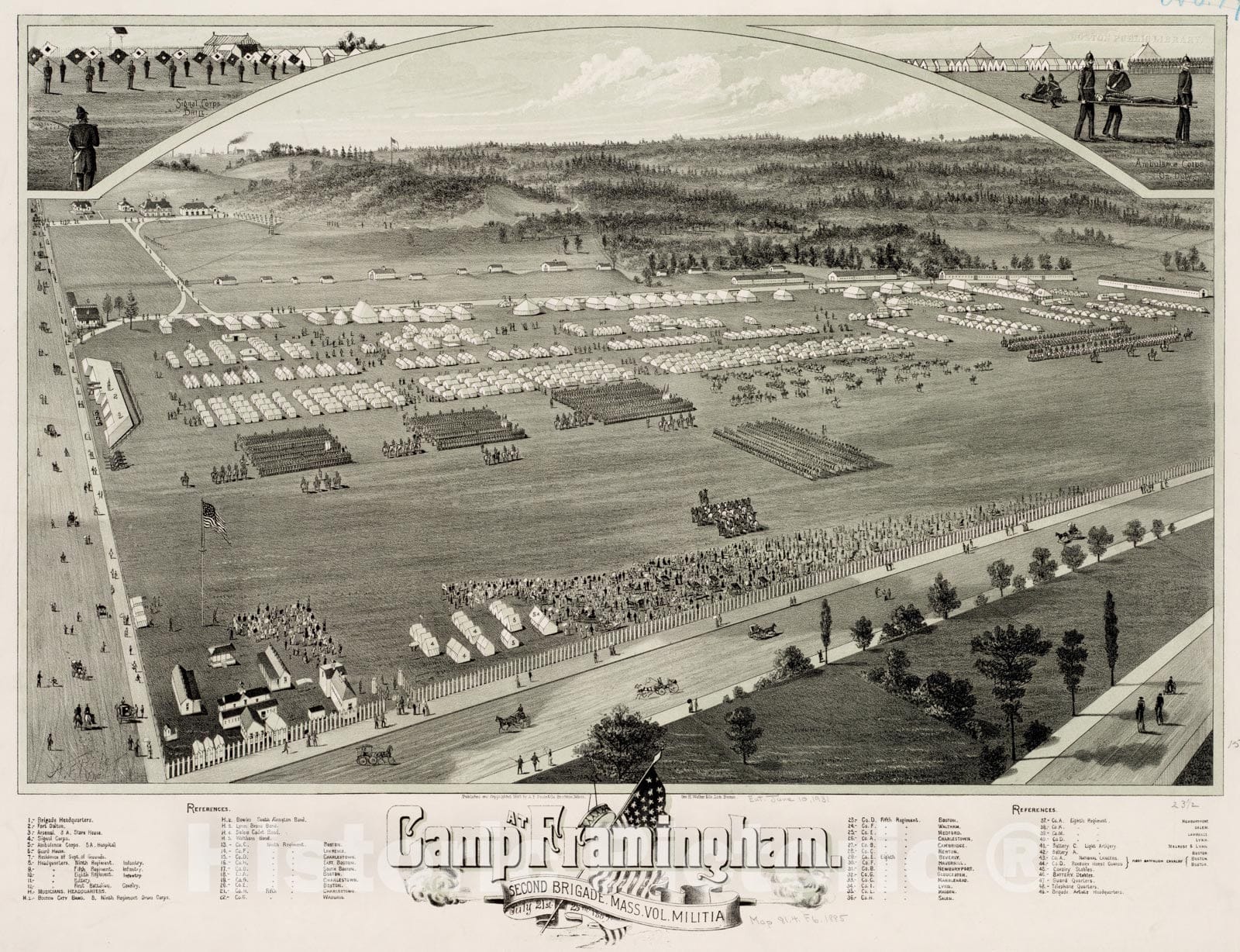 Historical Map, Camp at Framingham : Second Brigade Mass. Vol. Militia, July 21st to 25th 1885, Vintage Wall Art